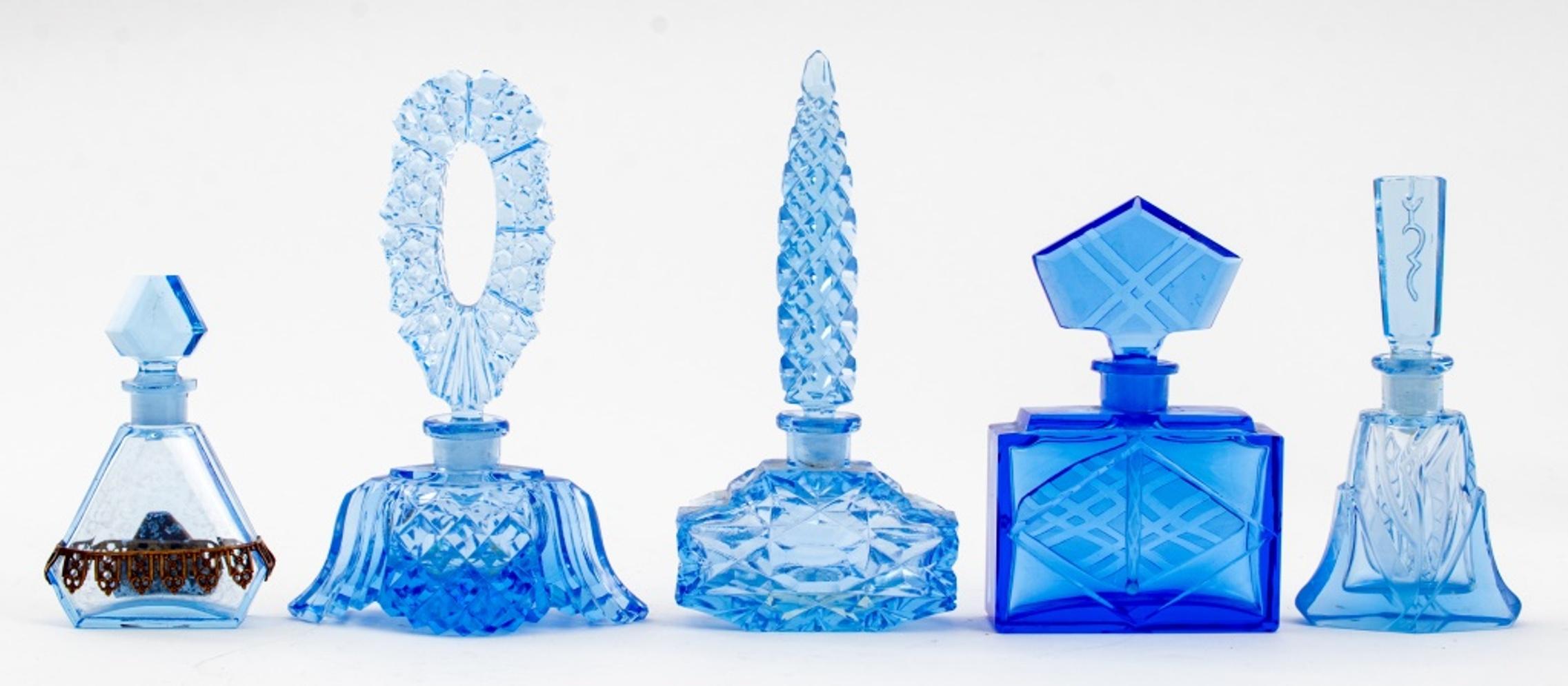 Art Deco Blue Cut Crystal Perfume Bottles, Set of Five In Good Condition In Astoria, NY