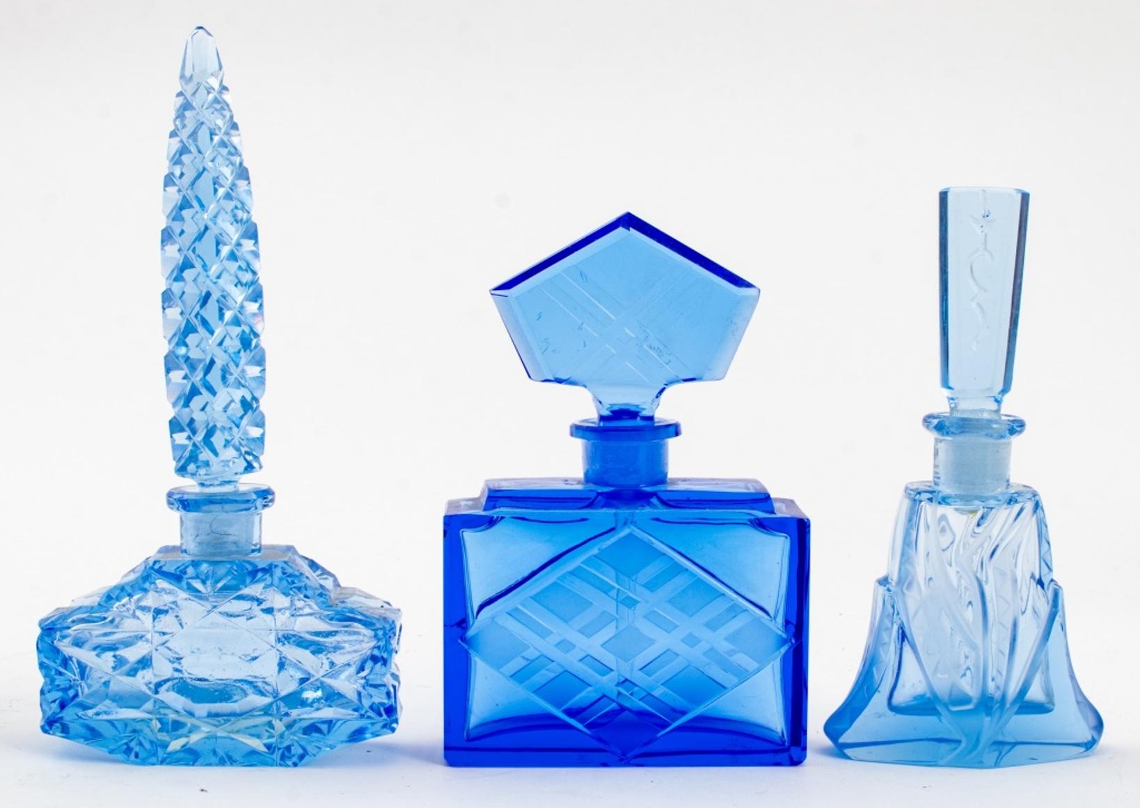 20th Century Art Deco Blue Cut Crystal Perfume Bottles, Set of Five