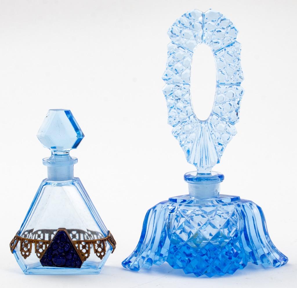 Glass Art Deco Blue Cut Crystal Perfume Bottles, Set of Five