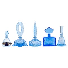 Antique Art Deco Blue Cut Crystal Perfume Bottles, Set of Five
