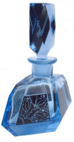 Art Deco Blue Cut Glass Perfume Bottle, c1930