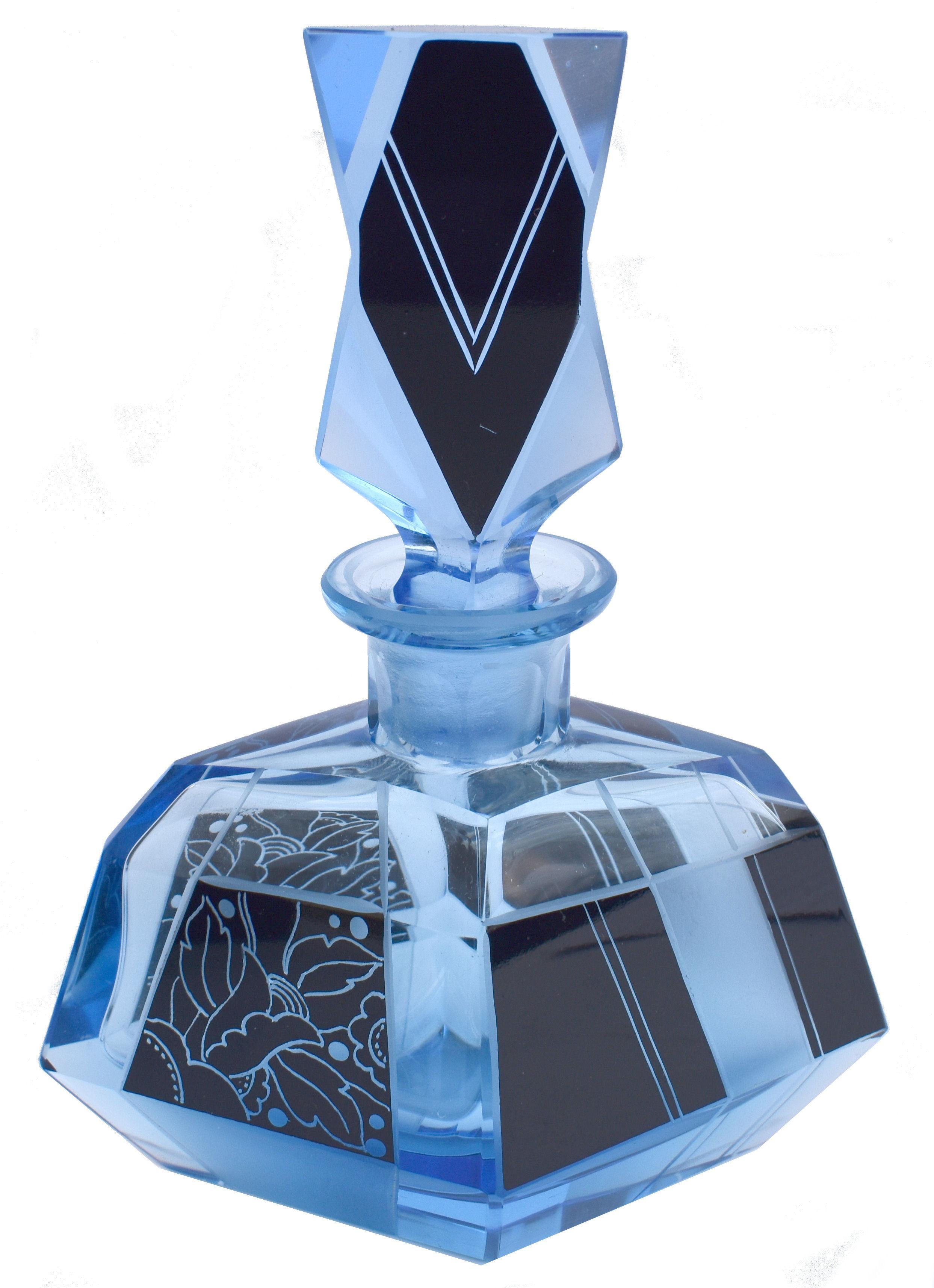 Czech Art Deco Blue Cut Glass Perfume Bottle, c1930 For Sale