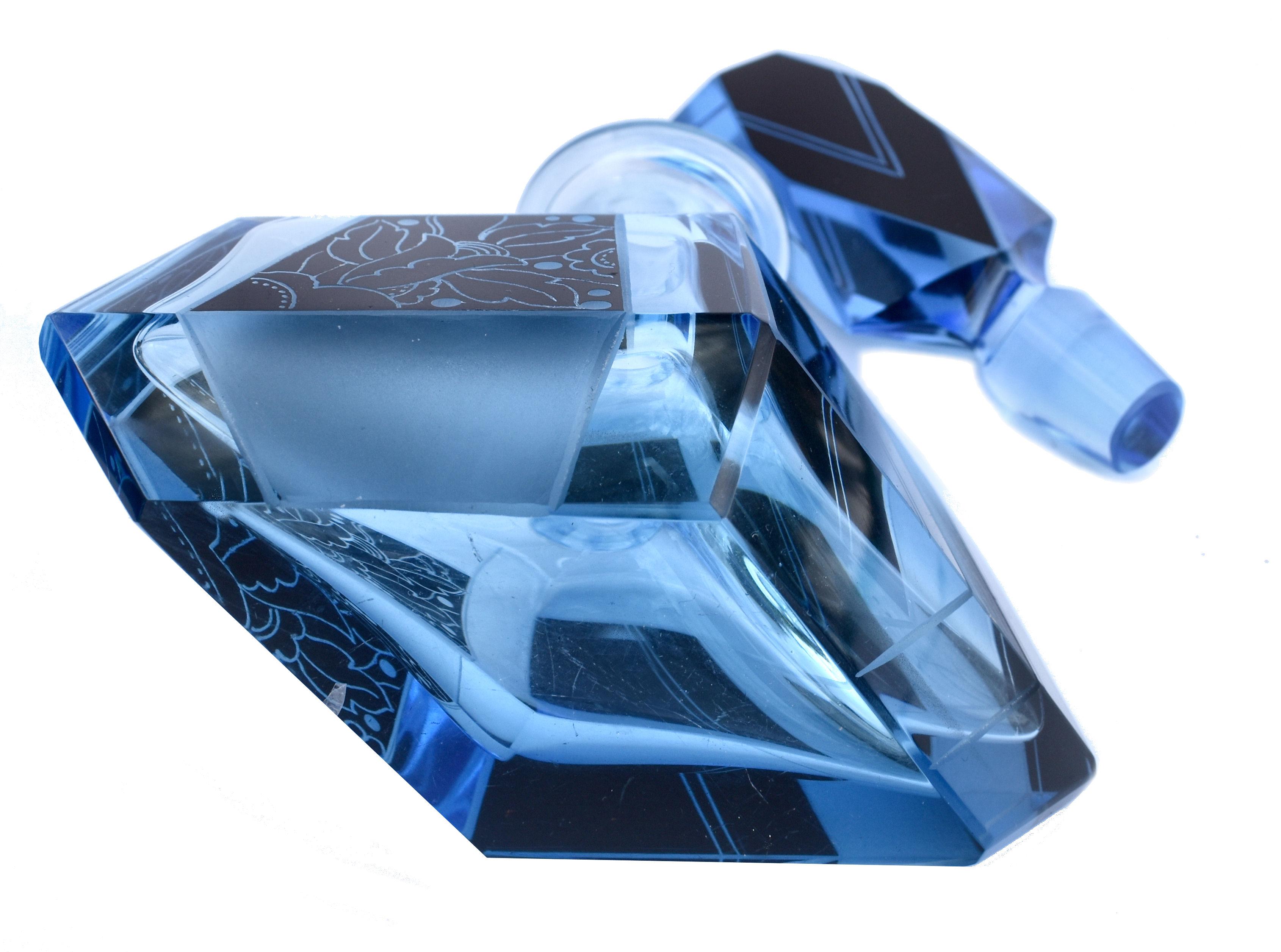 20th Century Art Deco Blue Cut Glass Perfume Bottle, c1930 For Sale