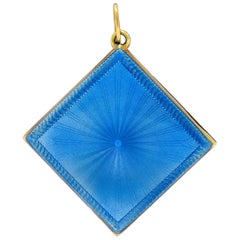 Vintage Art Deco Blue Enamel 14 Karat Gold Square Locket Pendant Charm