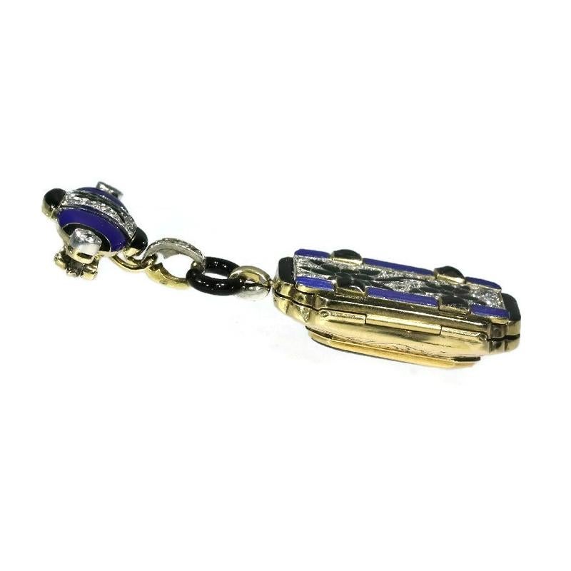 Art Deco Blue Enamel and Diamond 14 Karat Gold Floral Lady Watch Pendant In Good Condition For Sale In Antwerp, BE