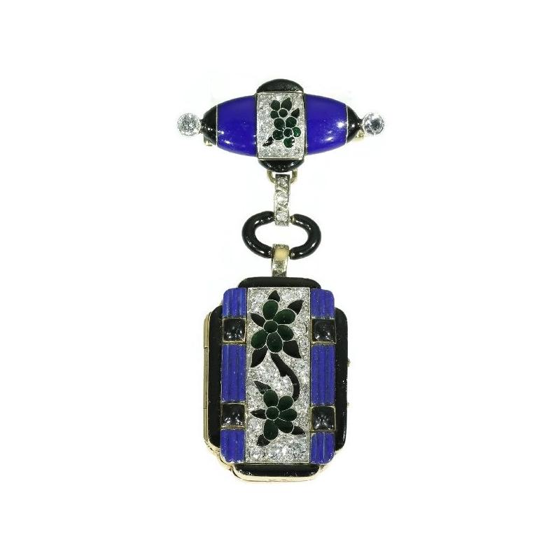 Art Deco Blue Enamel and Diamond 14 Karat Gold Floral Lady Watch Pendant For Sale