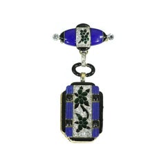 Art Deco Blue Enamel and Diamond 14 Karat Gold Floral Lady Watch Pendant