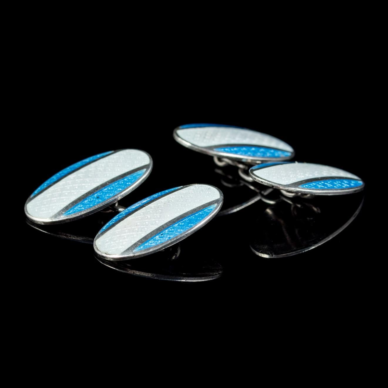 Art Deco Blue Enamel Cufflinks Sterling Silver, circa 1920 In Excellent Condition In Lancaster, Lancashire