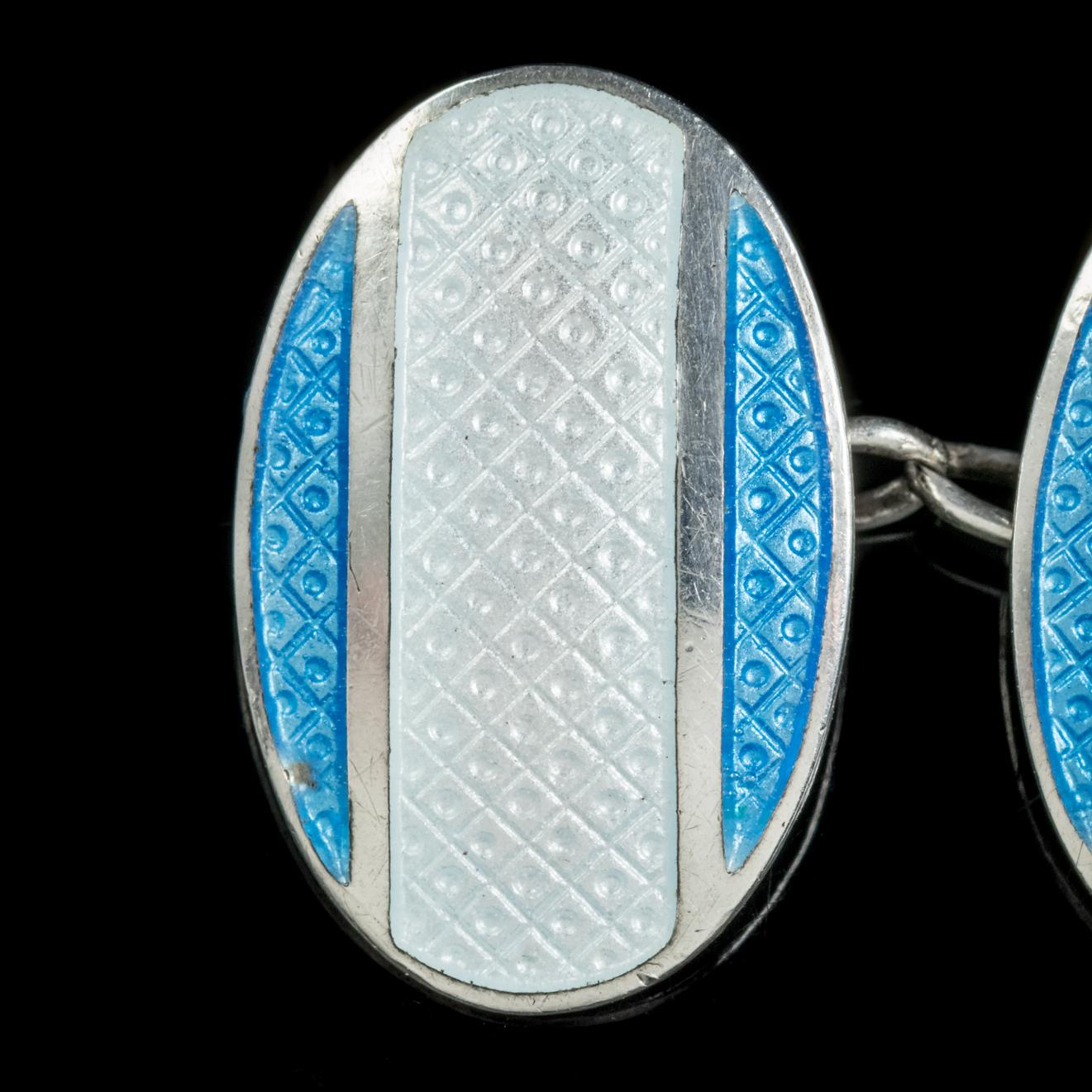 Women's Art Deco Blue Enamel Cufflinks Sterling Silver, circa 1920