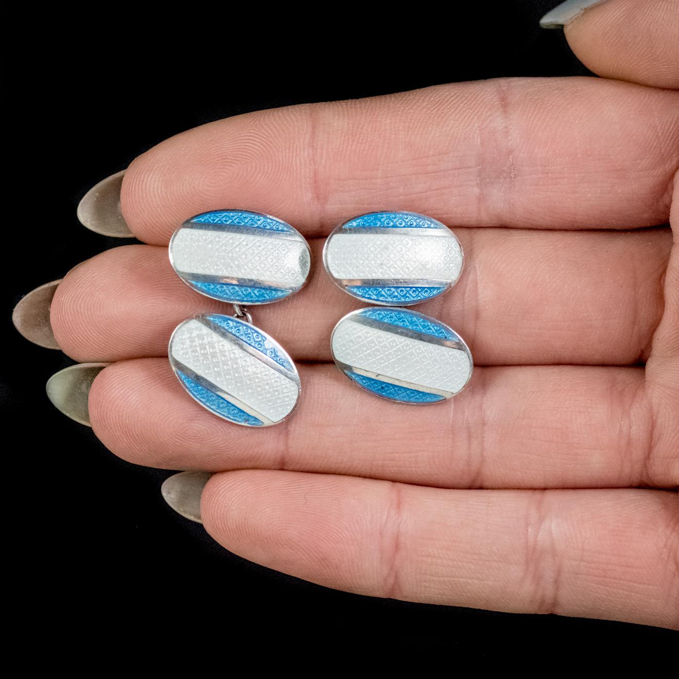 Art Deco Blue Enamel Cufflinks Sterling Silver, circa 1920 2