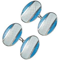 Art Deco Blue Enamel Cufflinks Sterling Silver, circa 1920