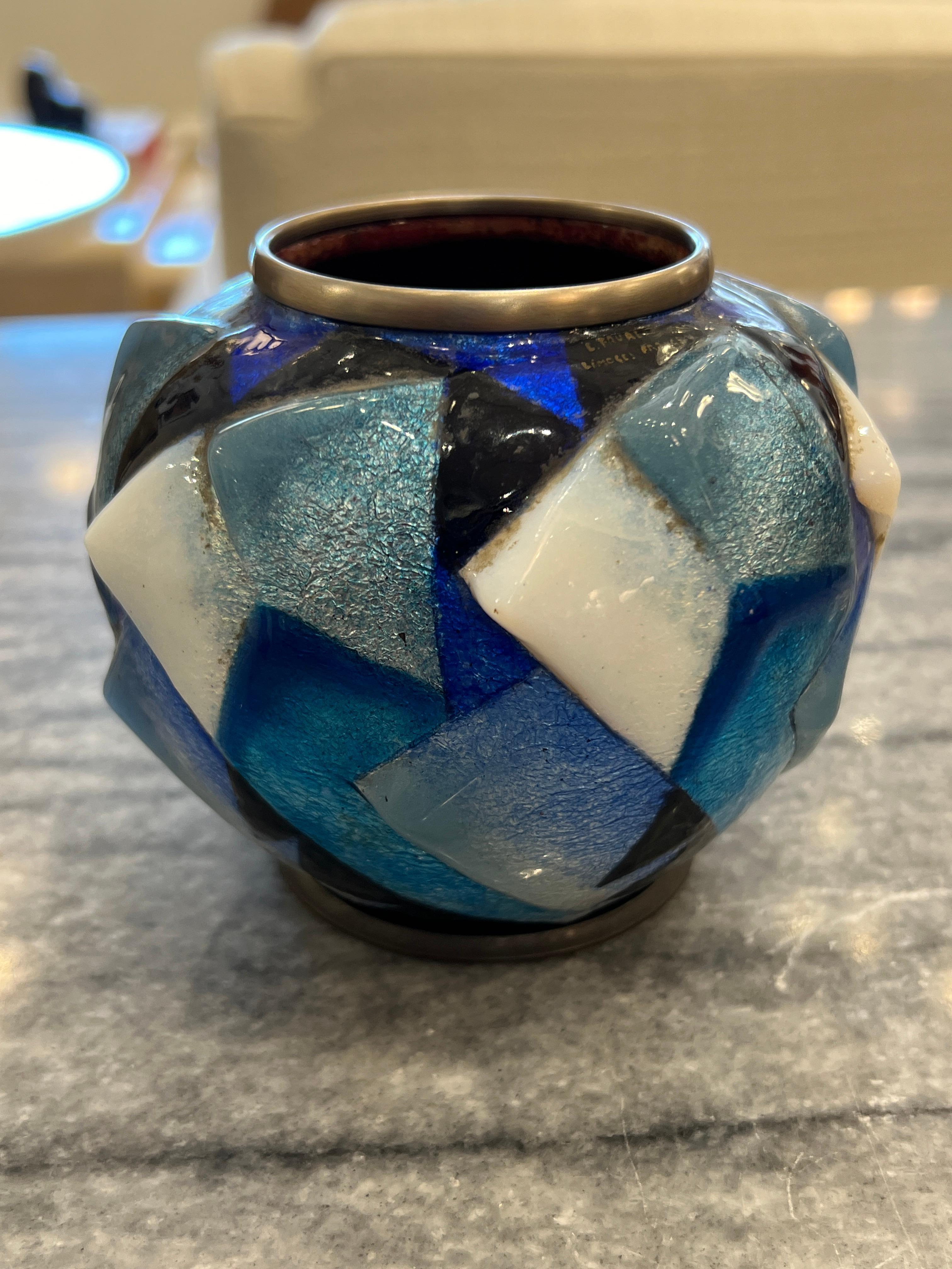 Art Deco Blue Enamel Geometrical Vase by Camille Fauré In Good Condition For Sale In Miami, FL