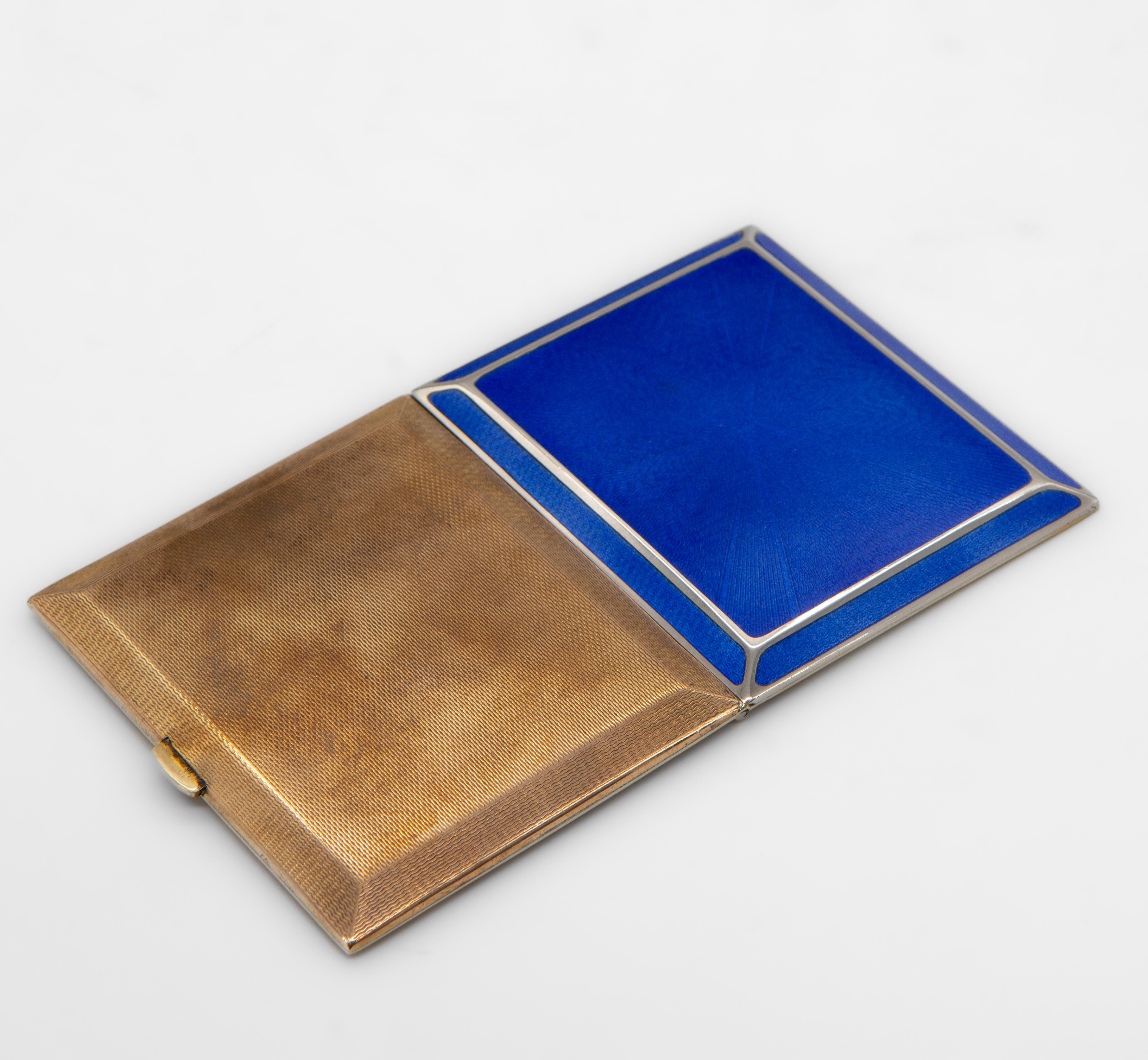  Art Deco period beautiful blue enamel sunburst, rolled gold & silver cigarette case. Circa 1930's. Marked 