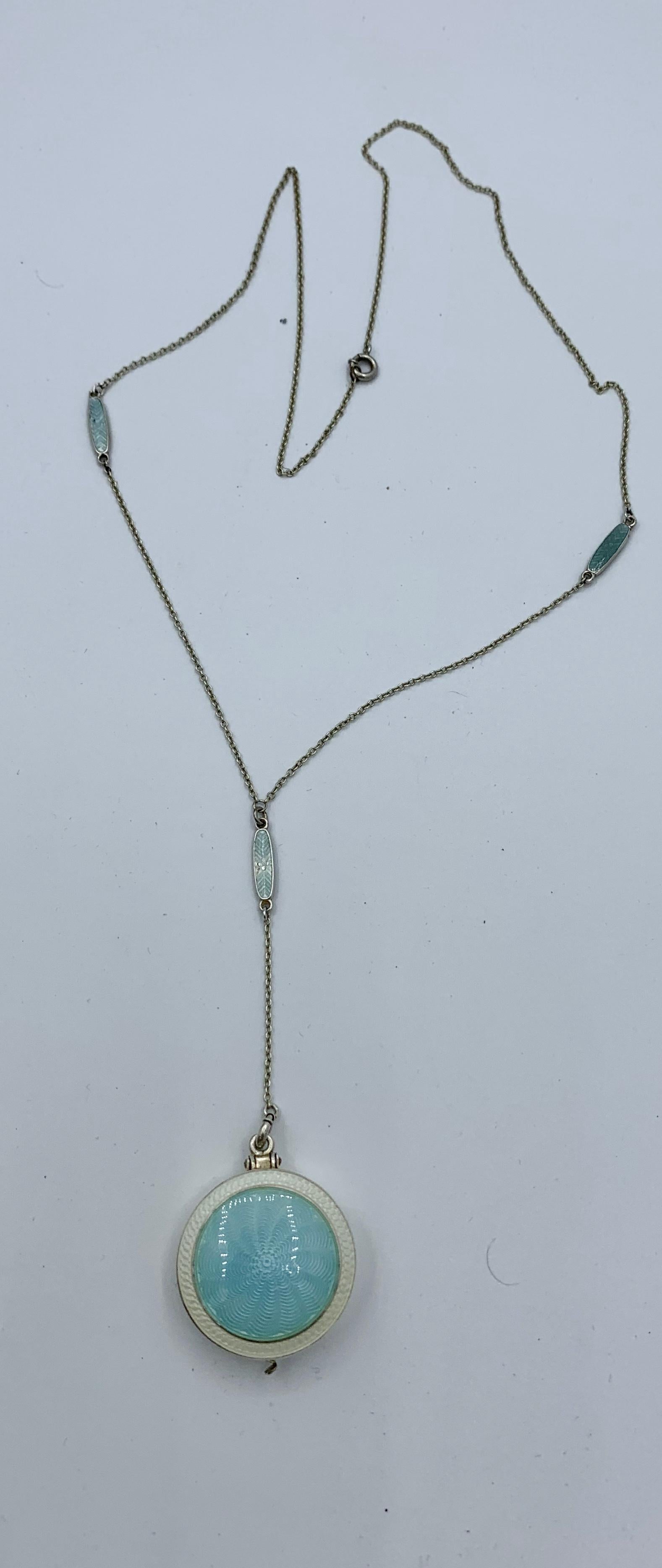 Art Deco Blue Enamel Sterling Silver Locket Necklace Enamel Chain Wachenheimer 1
