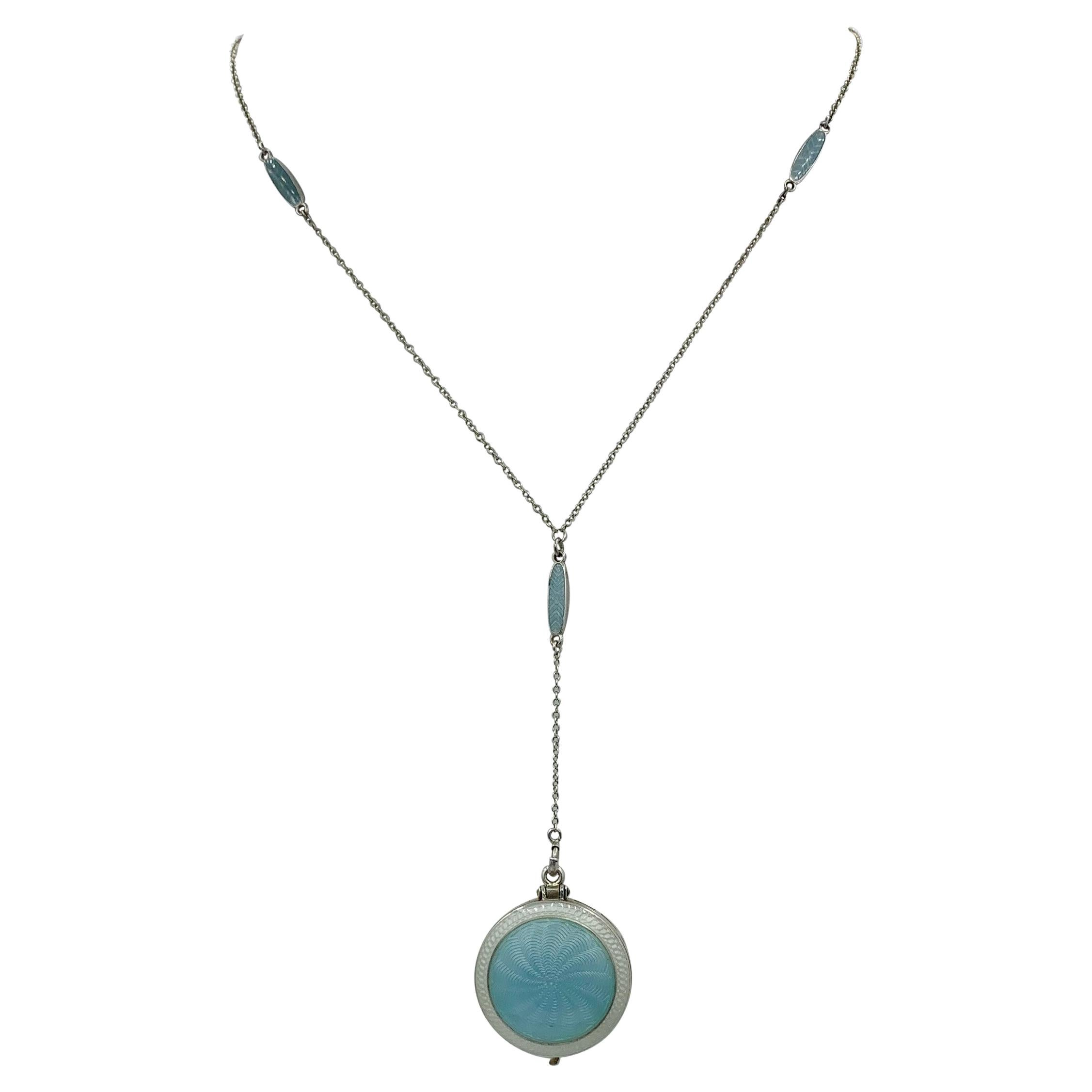 Art Deco Blue Enamel Sterling Silver Locket Necklace Enamel Chain Wachenheimer
