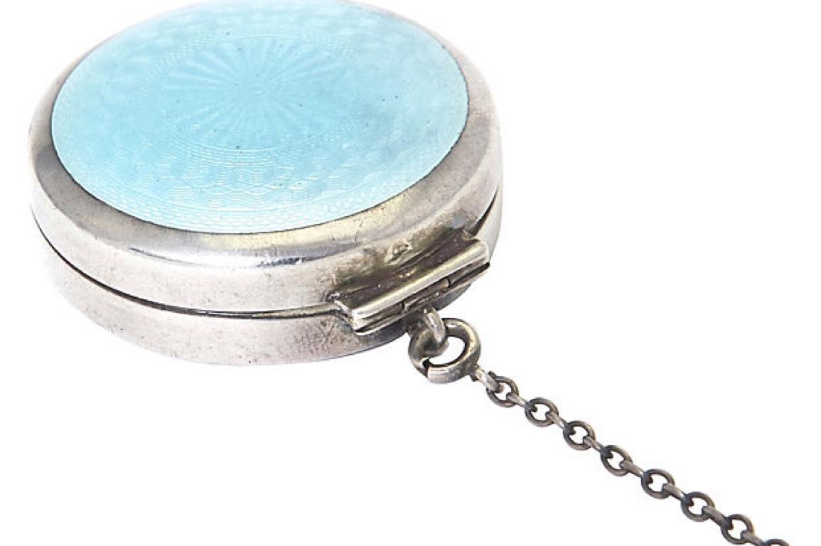 American Art Deco Blue Enamel Sterling Silver Pill Box with Chain to Attach Chatelaine