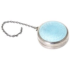 Art Deco Blue Enamel Sterling Silver Pill Box with Chain to Attach Chatelaine