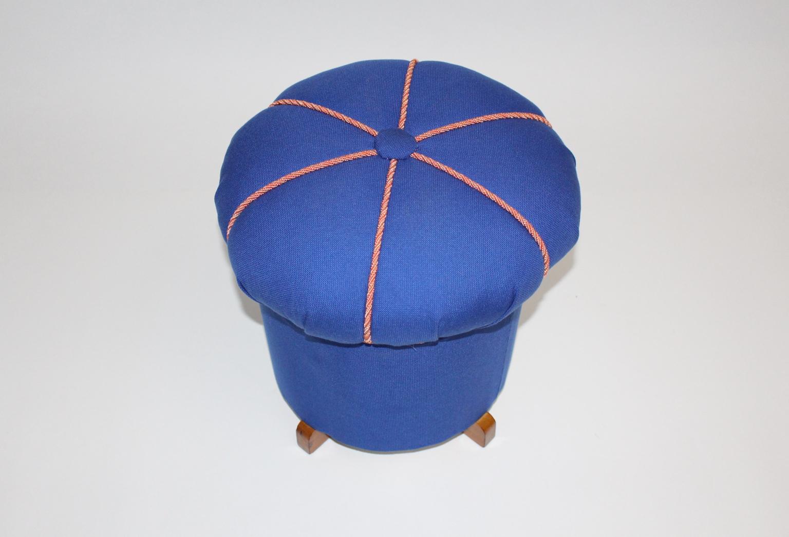 Art Deco Blue Fabric Vintage Pouf or Stool, Austria, 1930s In Good Condition For Sale In Vienna, AT