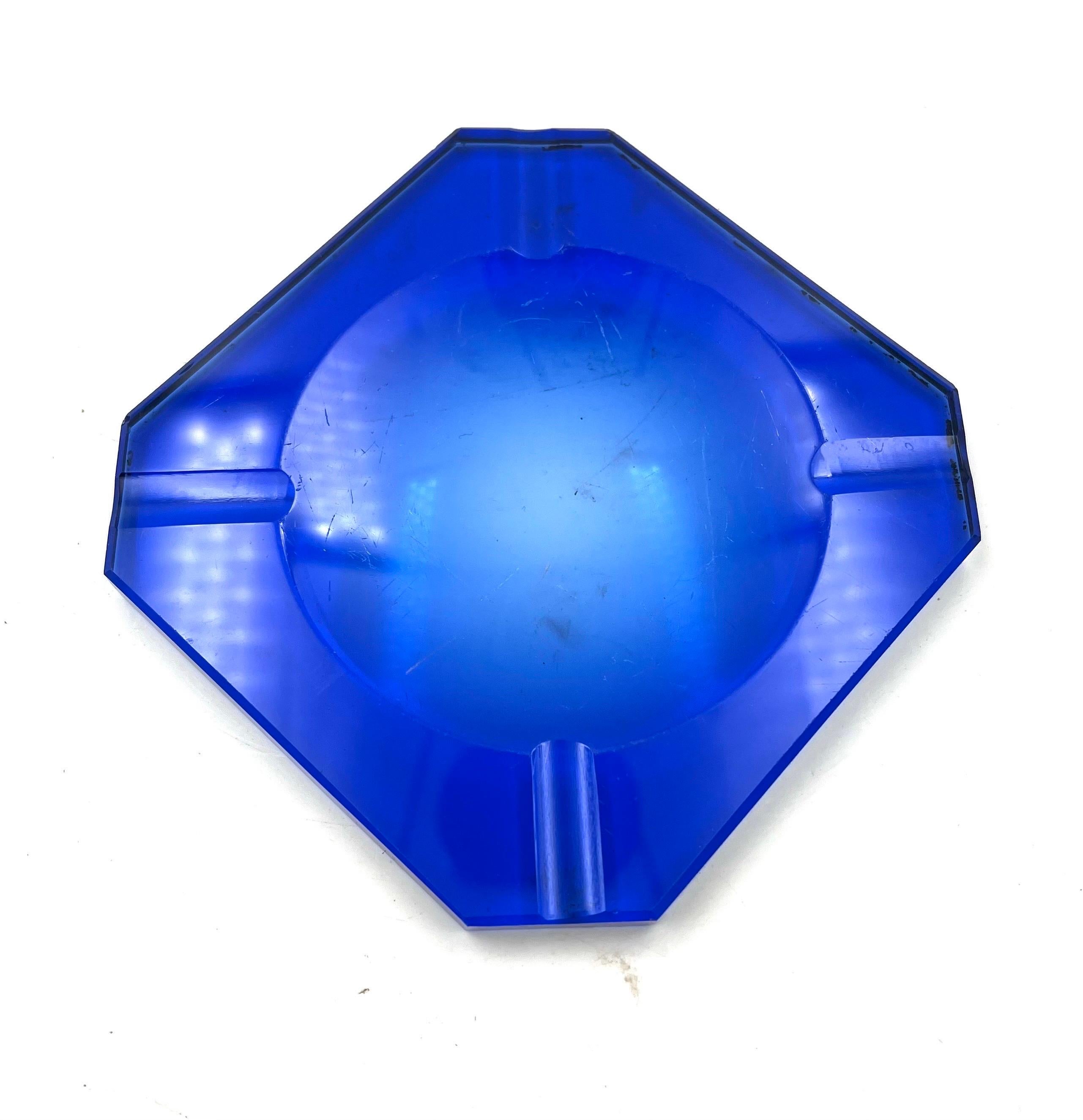 French Art Deco Blue Glass Ashtray by Jean Luce