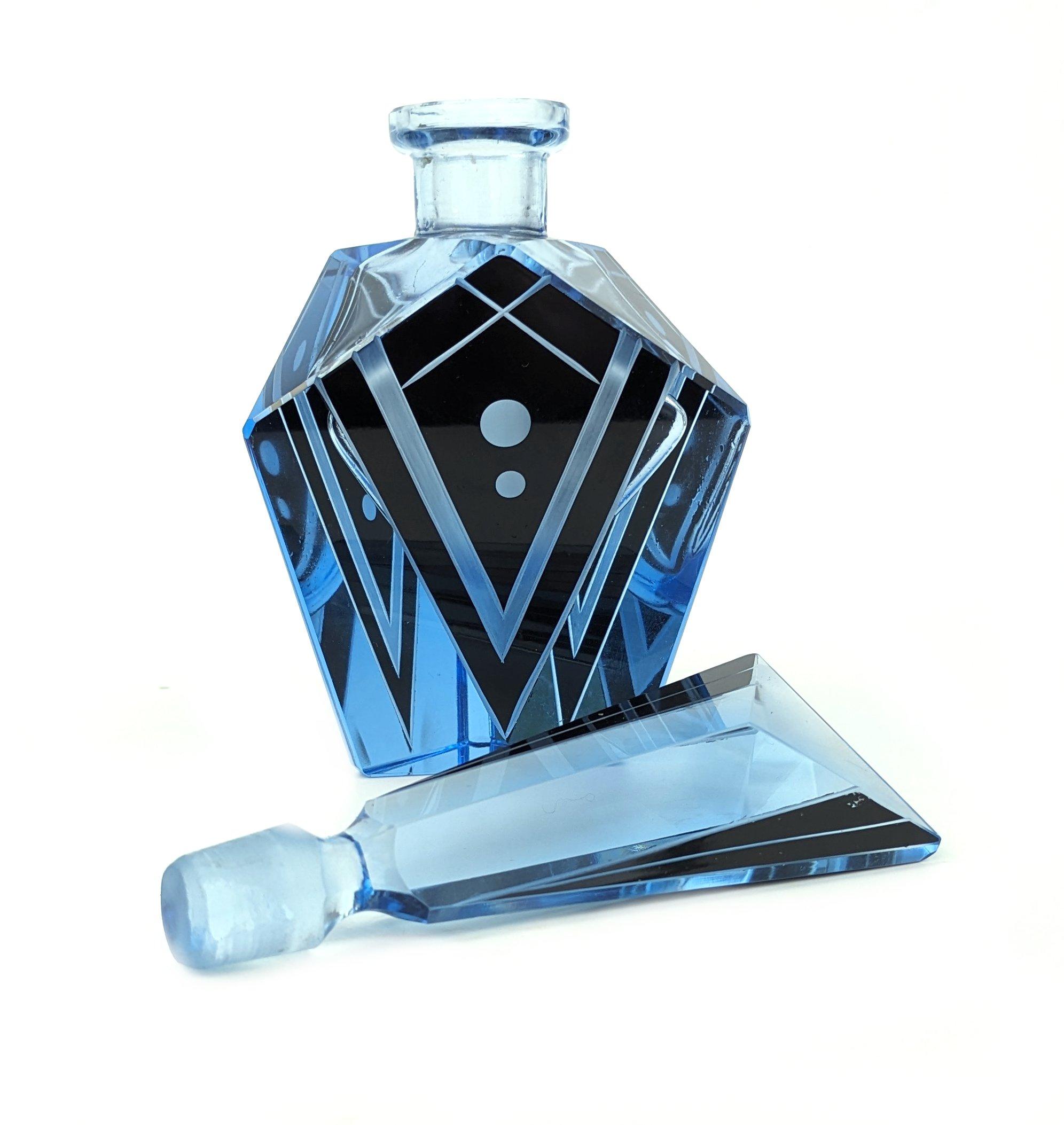 Czech Art Deco Blue Glass & Black Enamel Perfume Bottle, c1930 For Sale