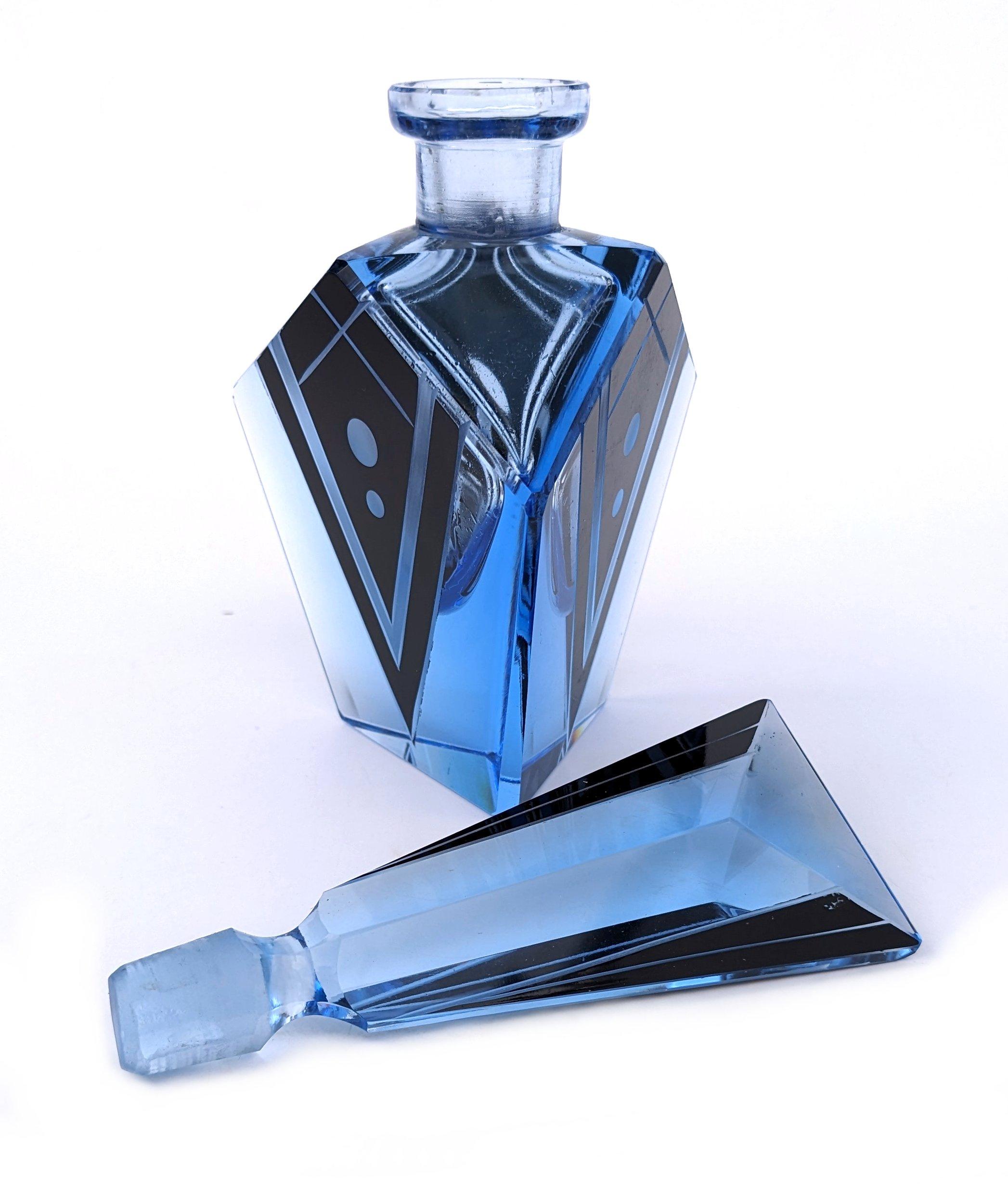Enameled Art Deco Blue Glass & Black Enamel Perfume Bottle, c1930 For Sale