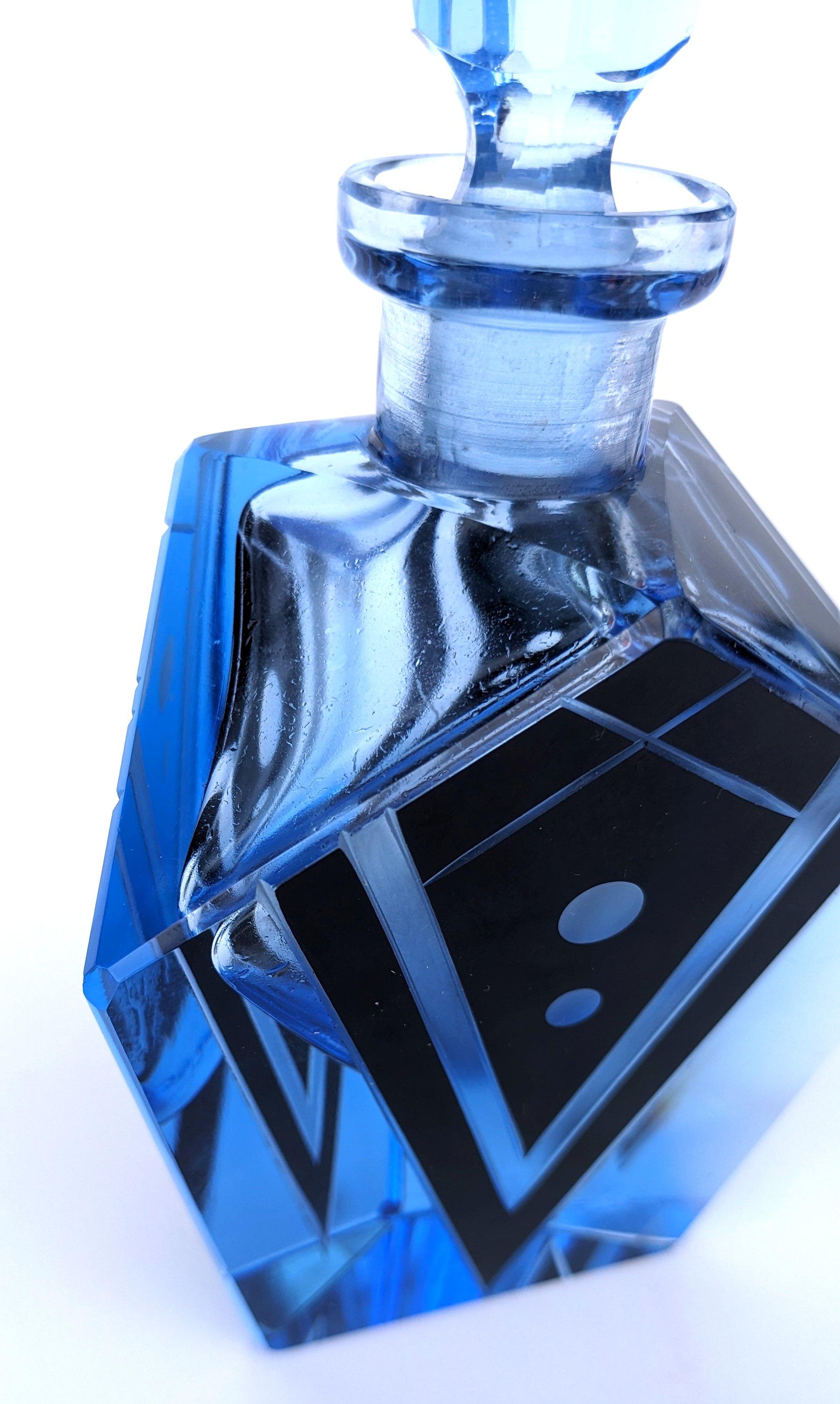 20th Century Art Deco Blue Glass & Black Enamel Perfume Bottle, c1930 For Sale