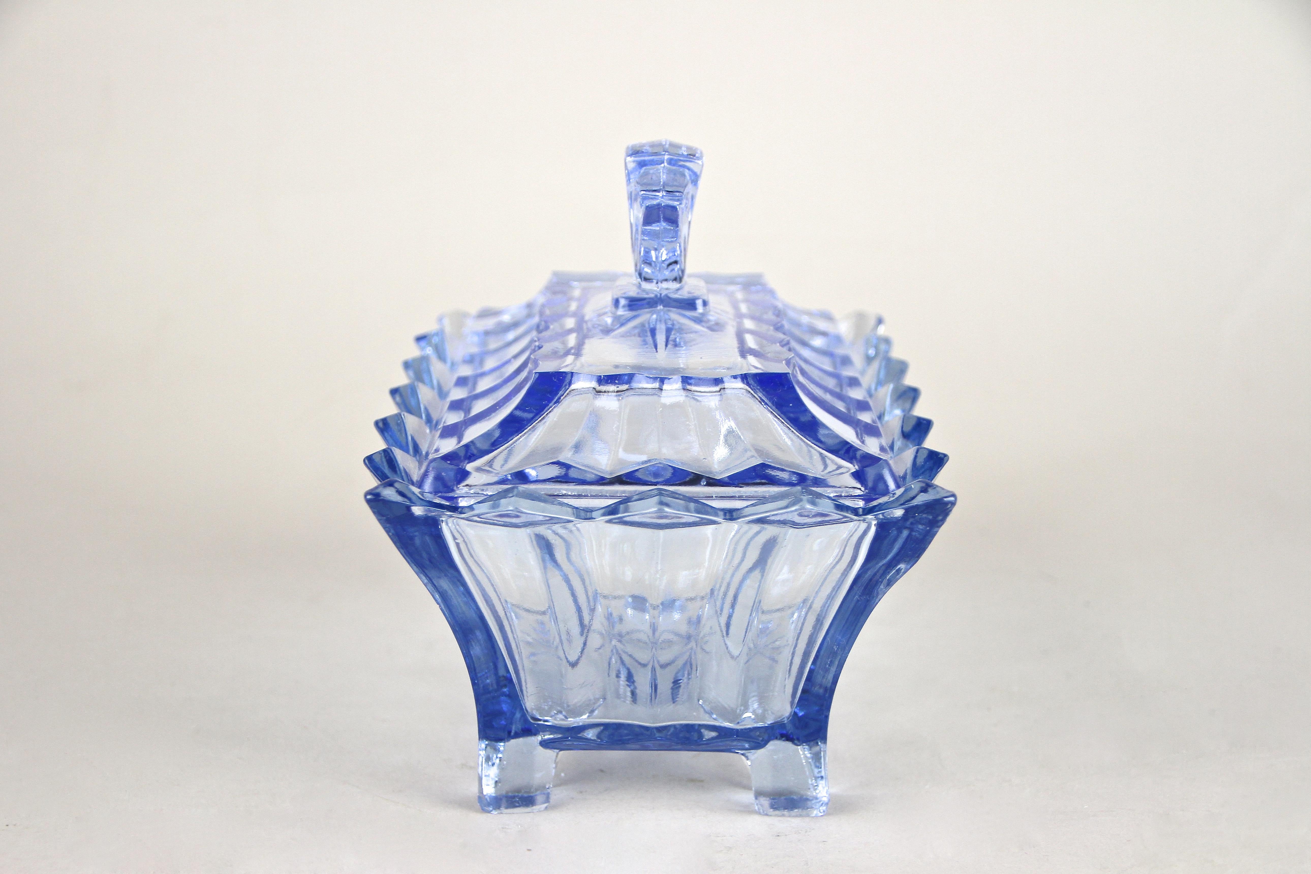 Austrian Art Deco Blue Glass Box with Lid, Austria, circa 1920 For Sale