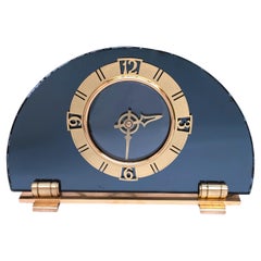 Art Deco Blue Glass, Brass Electric Mantle Clock, By Smiths , c1930