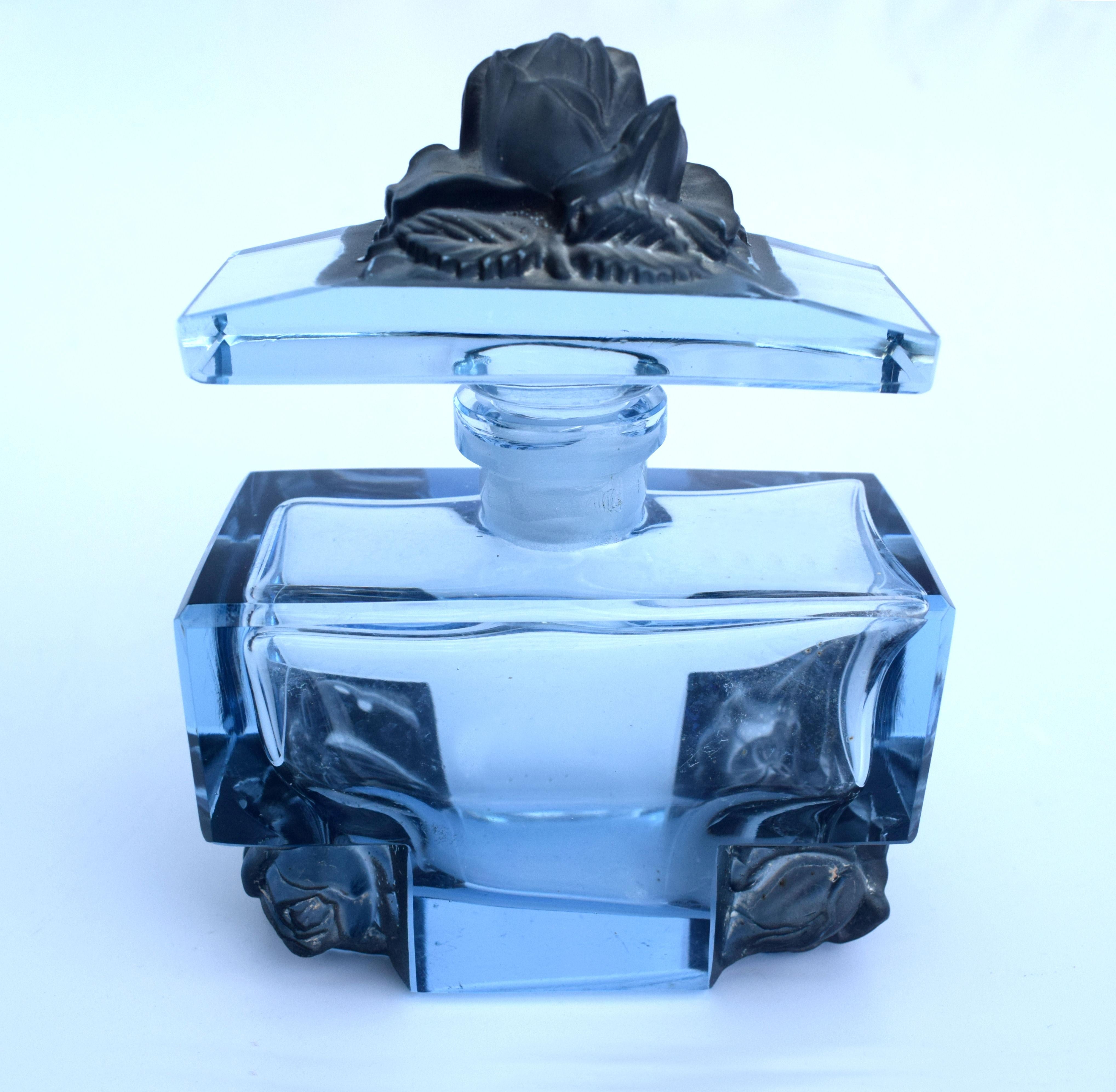 Art Deco Blue Glass Czech Perfume Bottle, 1930s 4