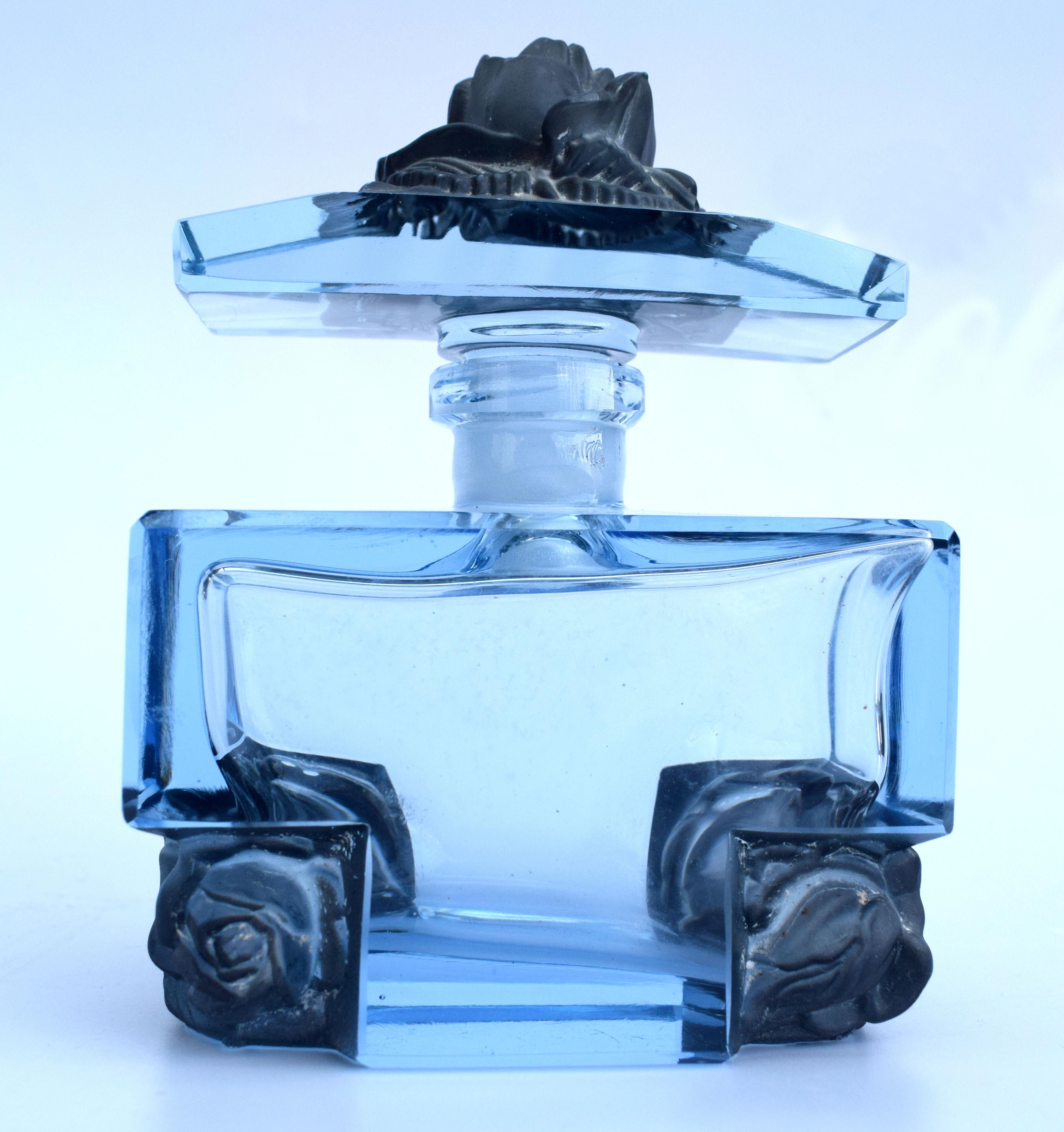 Art Deco Blue Glass Czech Perfume Bottle, 1930s 5