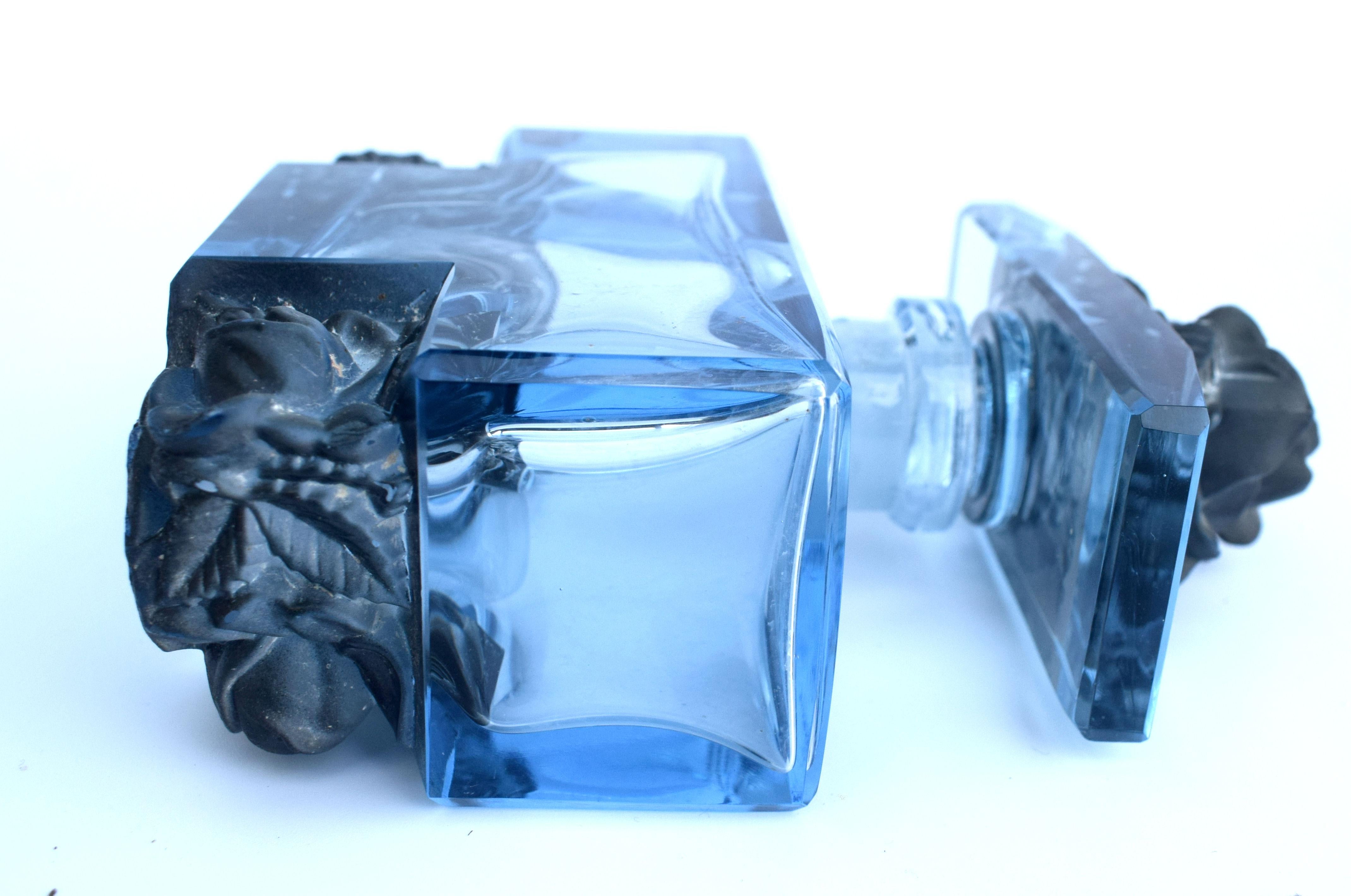 Art Deco Blue Glass Czech Perfume Bottle, 1930s 1