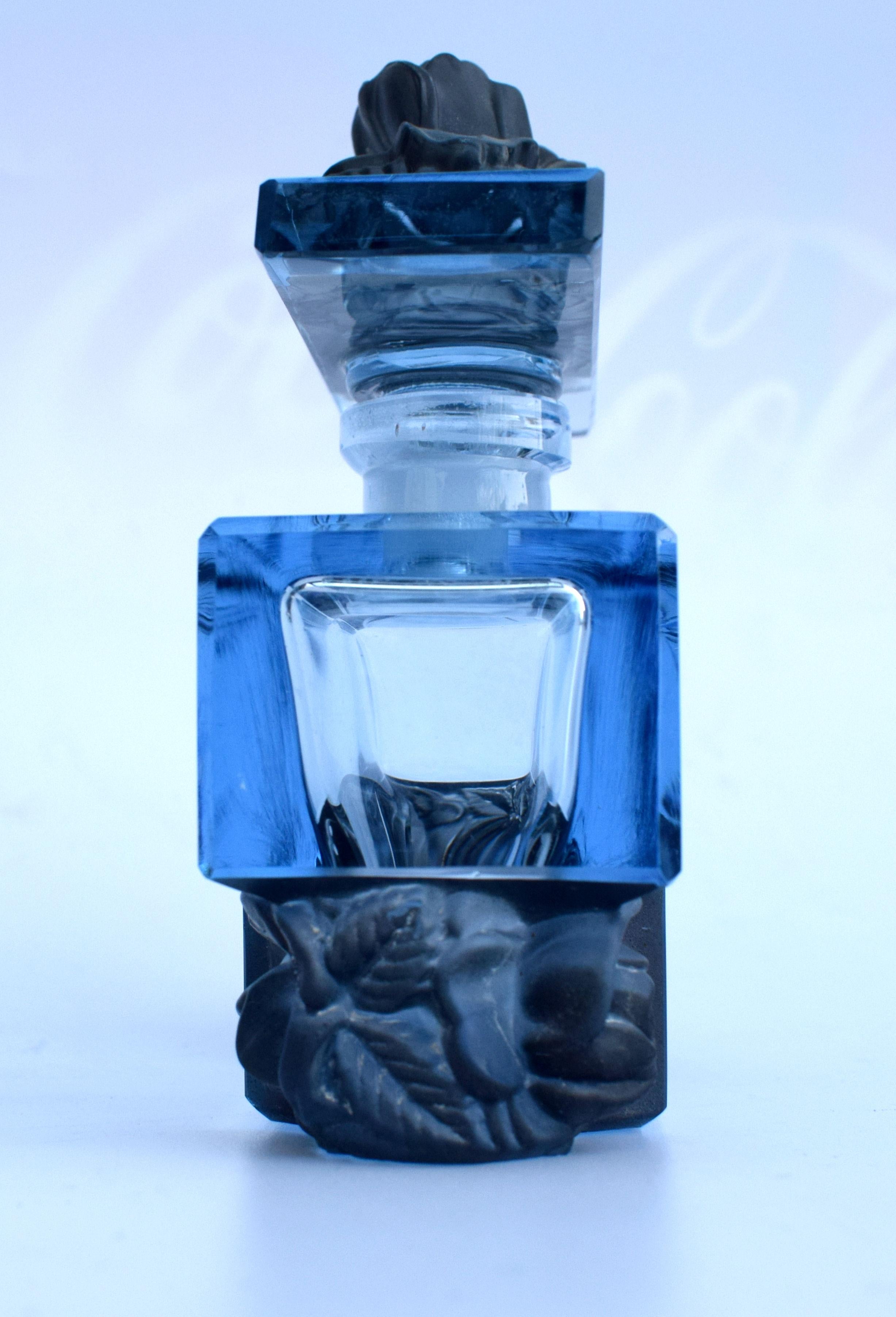 Art Deco Blue Glass Czech Perfume Bottle, 1930s 3