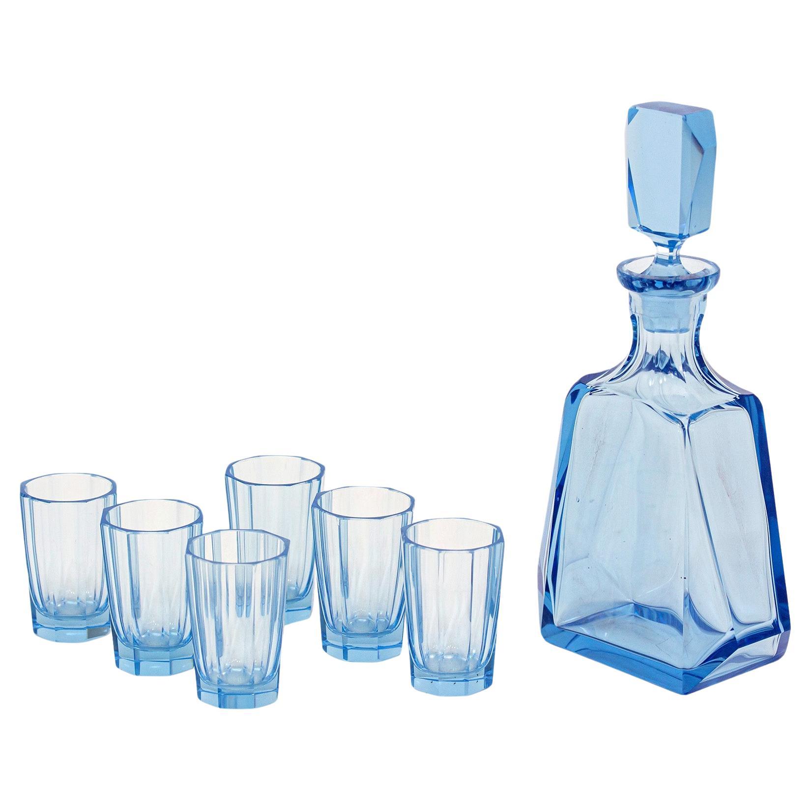 Art Deco Blue Glass Decanter Set For Sale