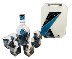 Art Deco Blue Glass Decanter Set with Matching Tray