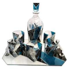 Art Deco Blue Glass Decanter Set with Matching Tray