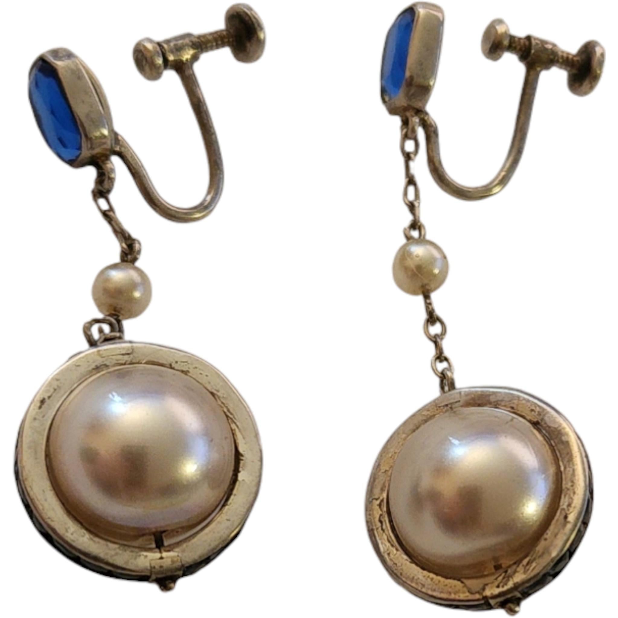 Retro Art Deco Blue Glass, Faux Pearl, and Sterling Silver Dangle Earrings For Sale