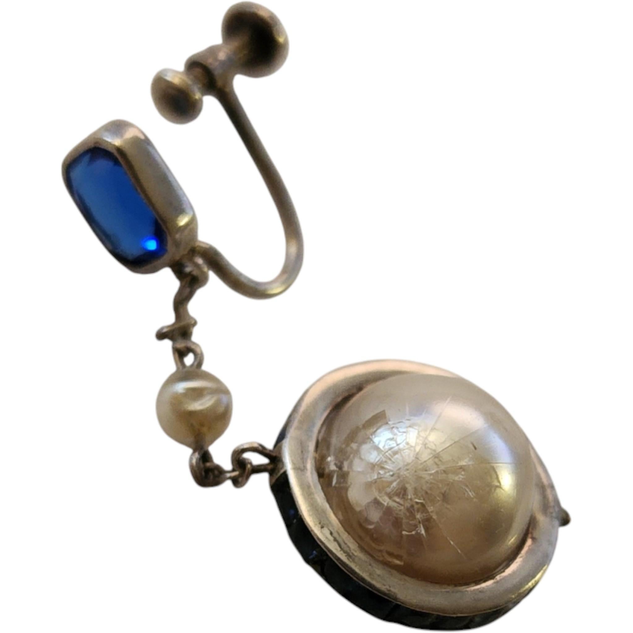 Baguette Cut Art Deco Blue Glass, Faux Pearl, and Sterling Silver Dangle Earrings For Sale