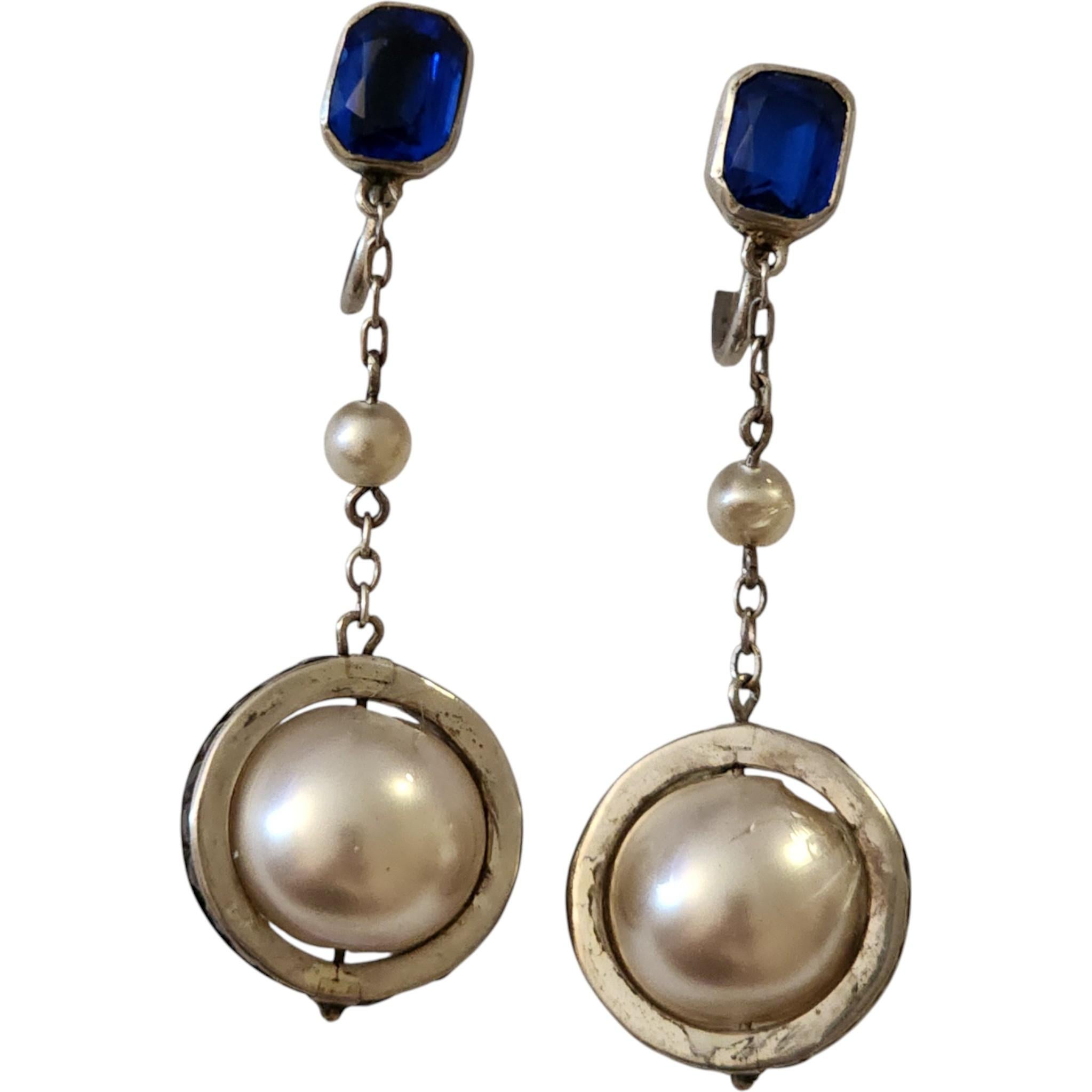 Women's or Men's Art Deco Blue Glass, Faux Pearl, and Sterling Silver Dangle Earrings For Sale