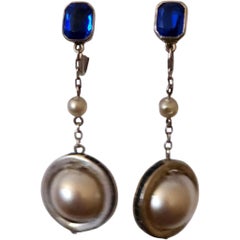 Art Deco Blue Glass, Faux Pearl, and Sterling Silver Dangle Earrings