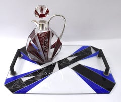 Art Deco Blue Glass Geometric Drinks Tray, c1930