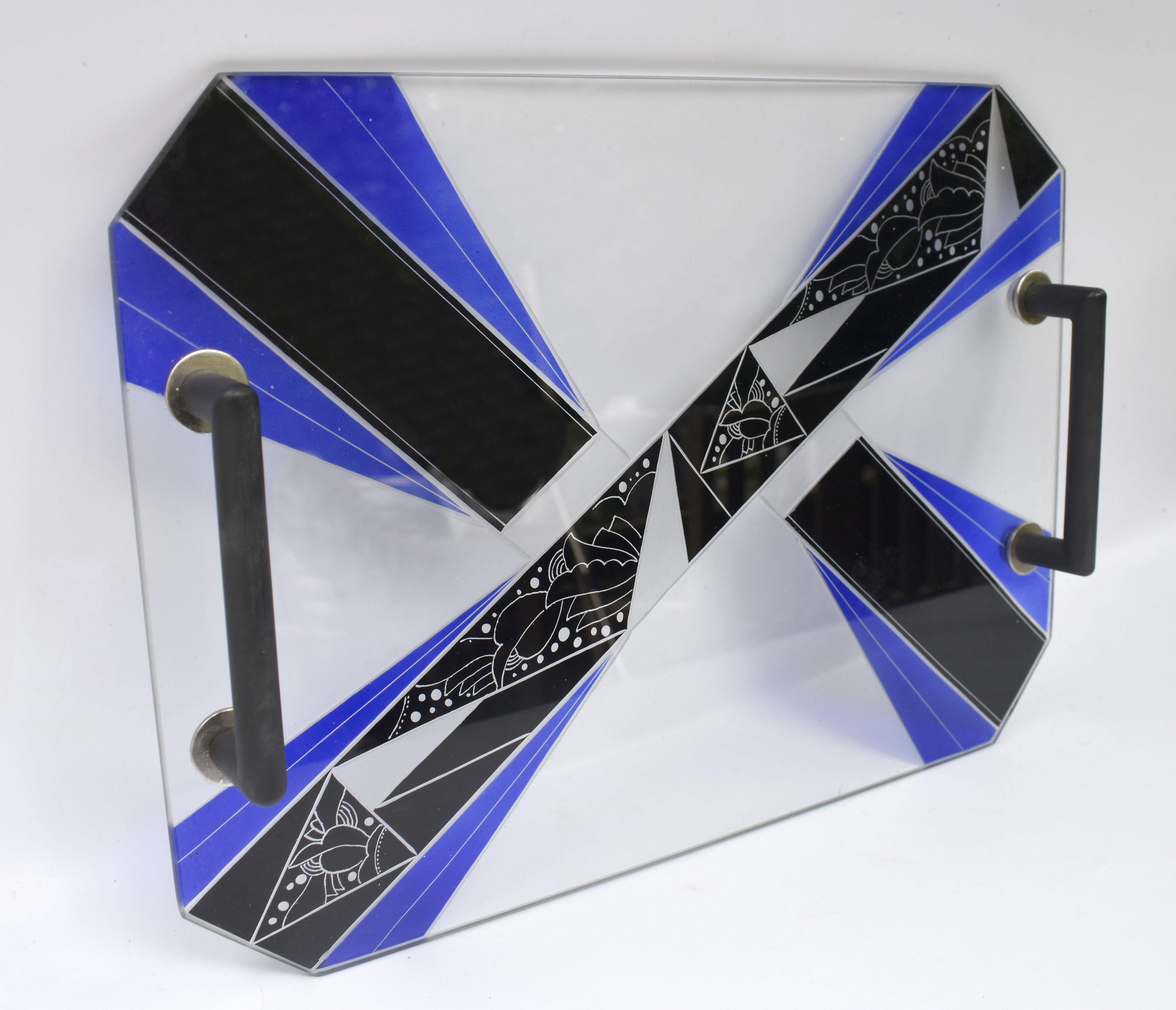 Etched Art Deco Blue Glass Geometric Drinks Tray, c1930