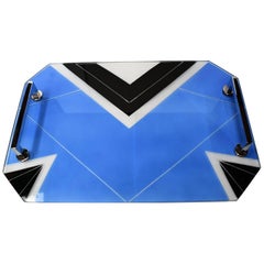 Vintage Art Deco Blue Glass Geometric Drinks Tray