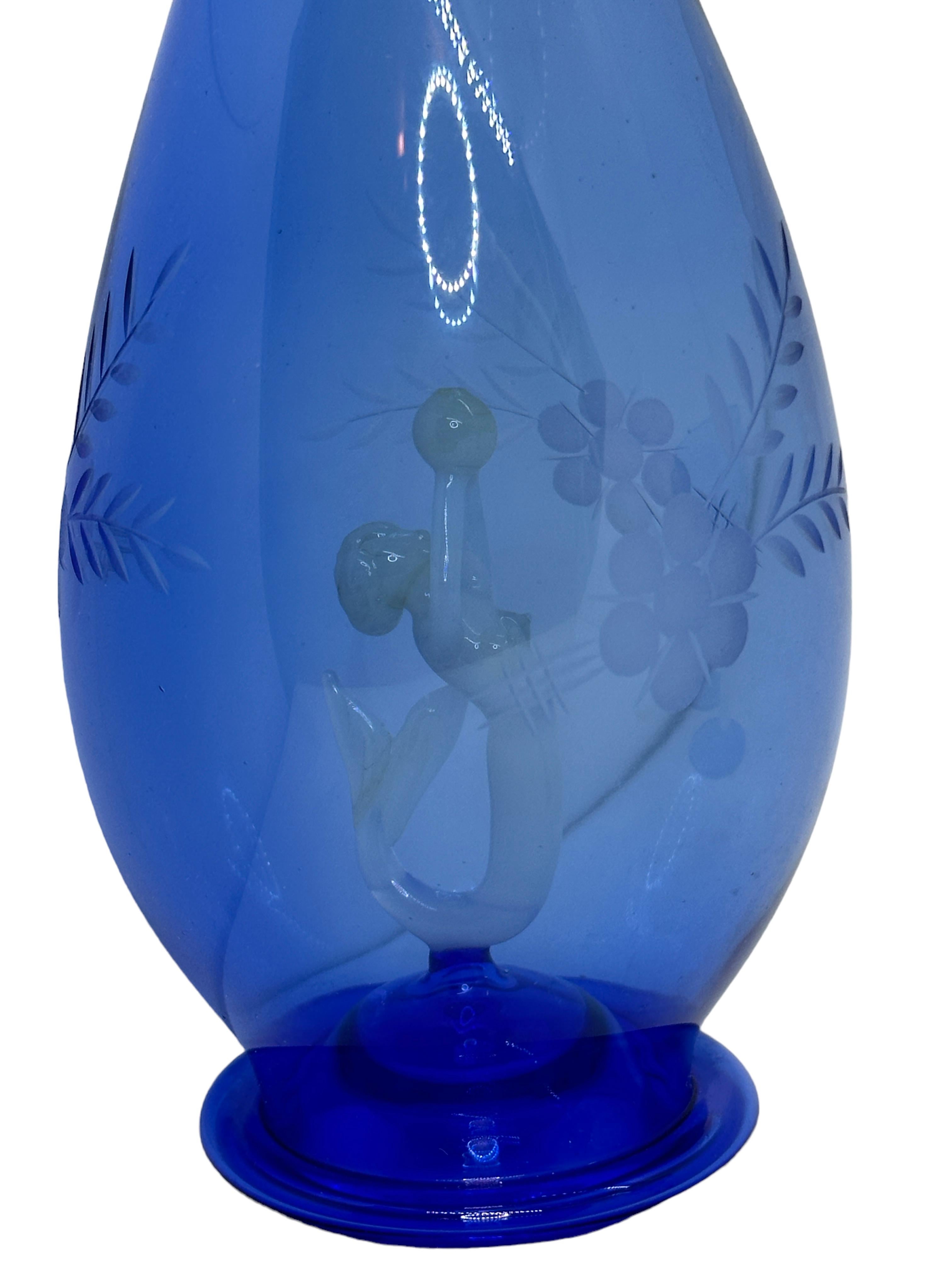 Art Deco Blue Glass Mermaid Decanter & 6 Glasses Set by Bimini, Vintage Austria 3