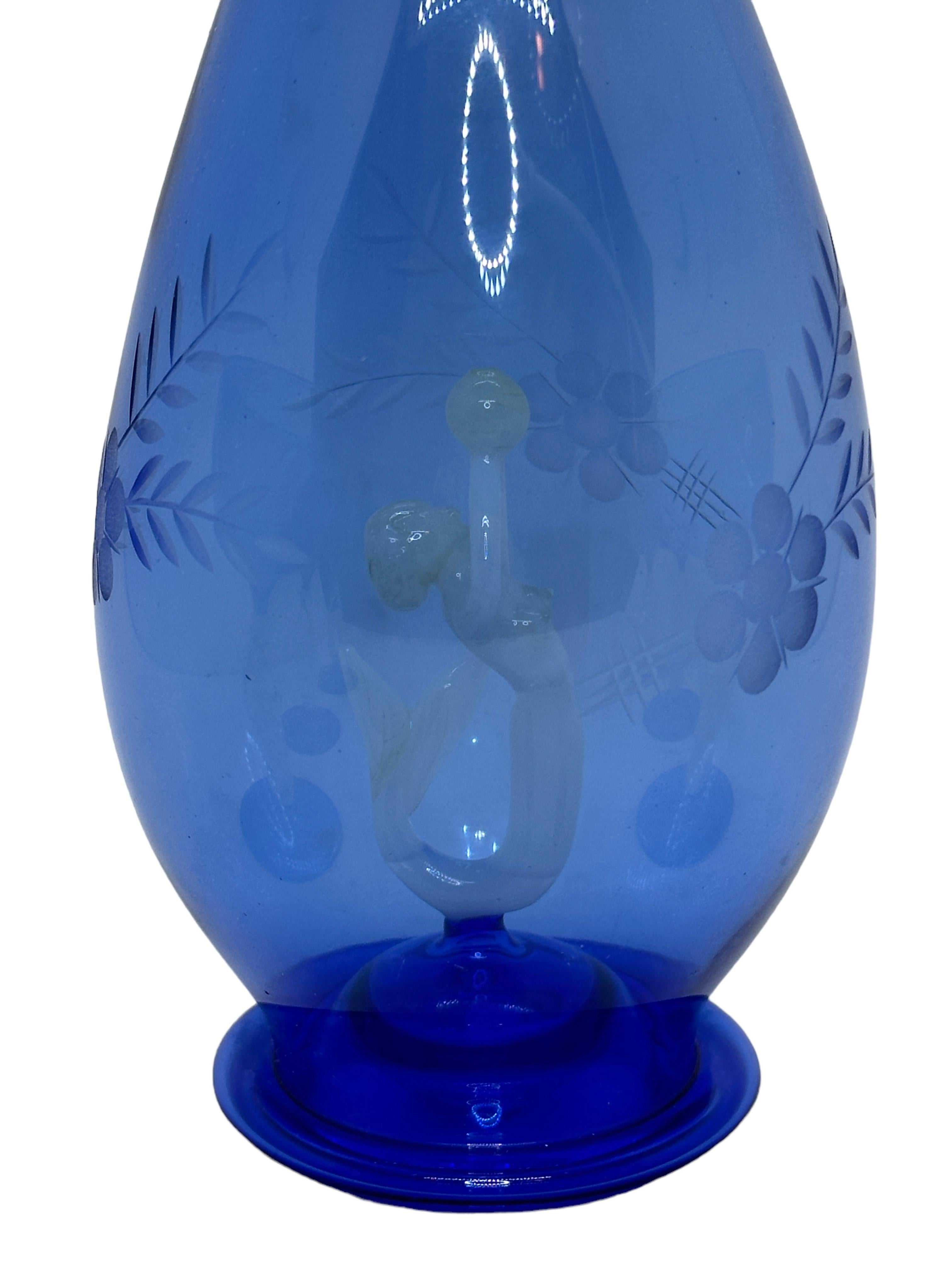 German Art Deco Blue Glass Mermaid Decanter & 6 Glasses Set by Bimini, Vintage Austria