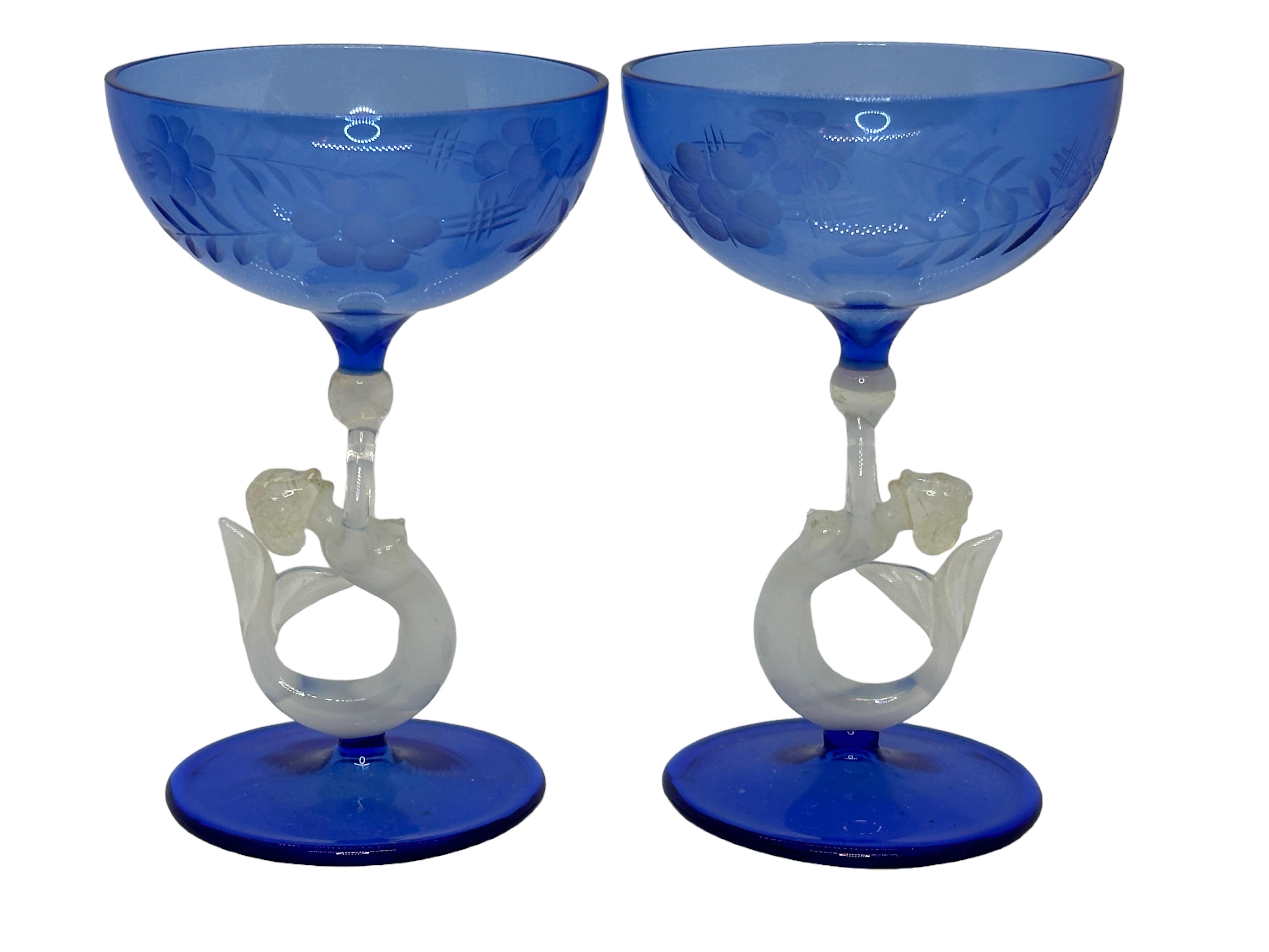 Art Deco Blue Glass Mermaid Decanter & 6 Glasses Set by Bimini, Vintage Austria In Good Condition In Nuernberg, DE