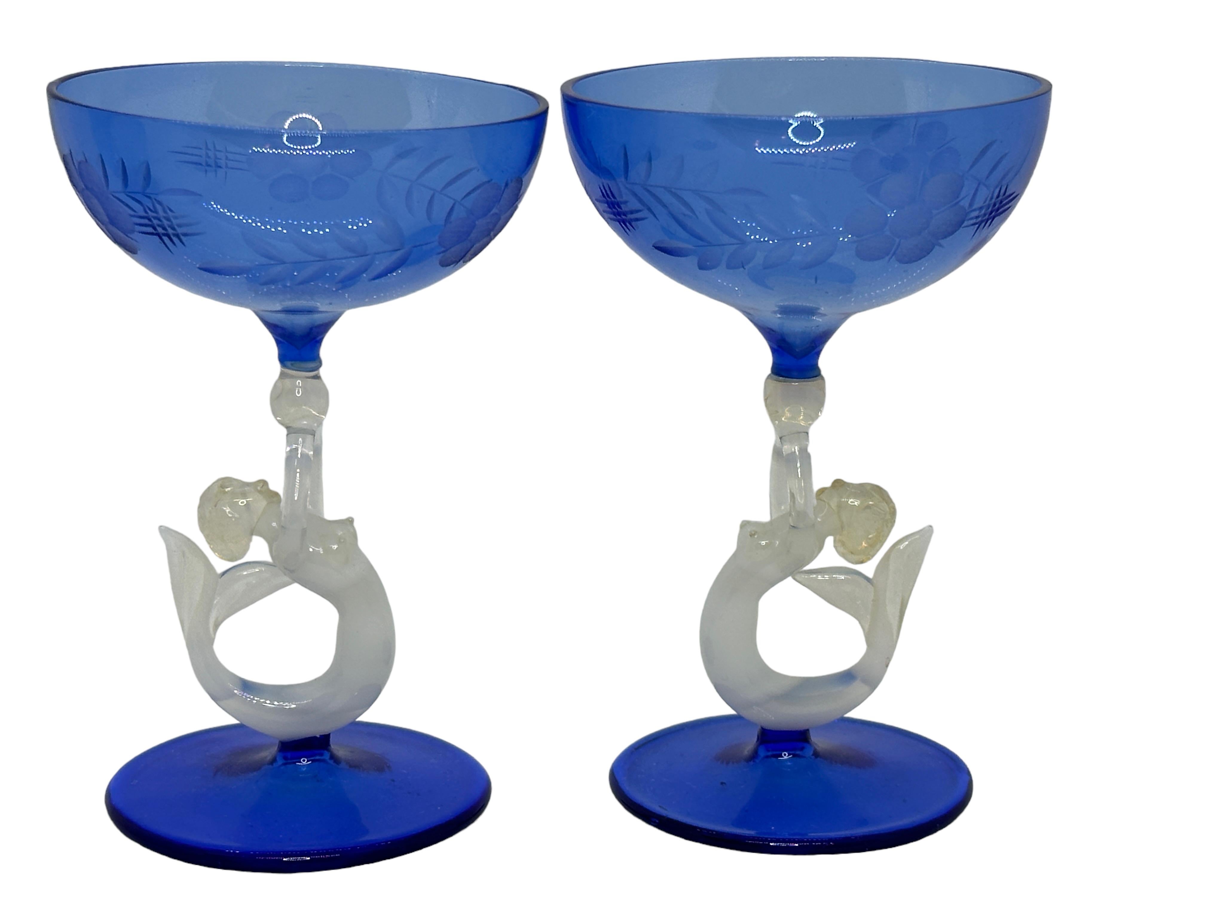 Mid-20th Century Art Deco Blue Glass Mermaid Decanter & 6 Glasses Set by Bimini, Vintage Austria
