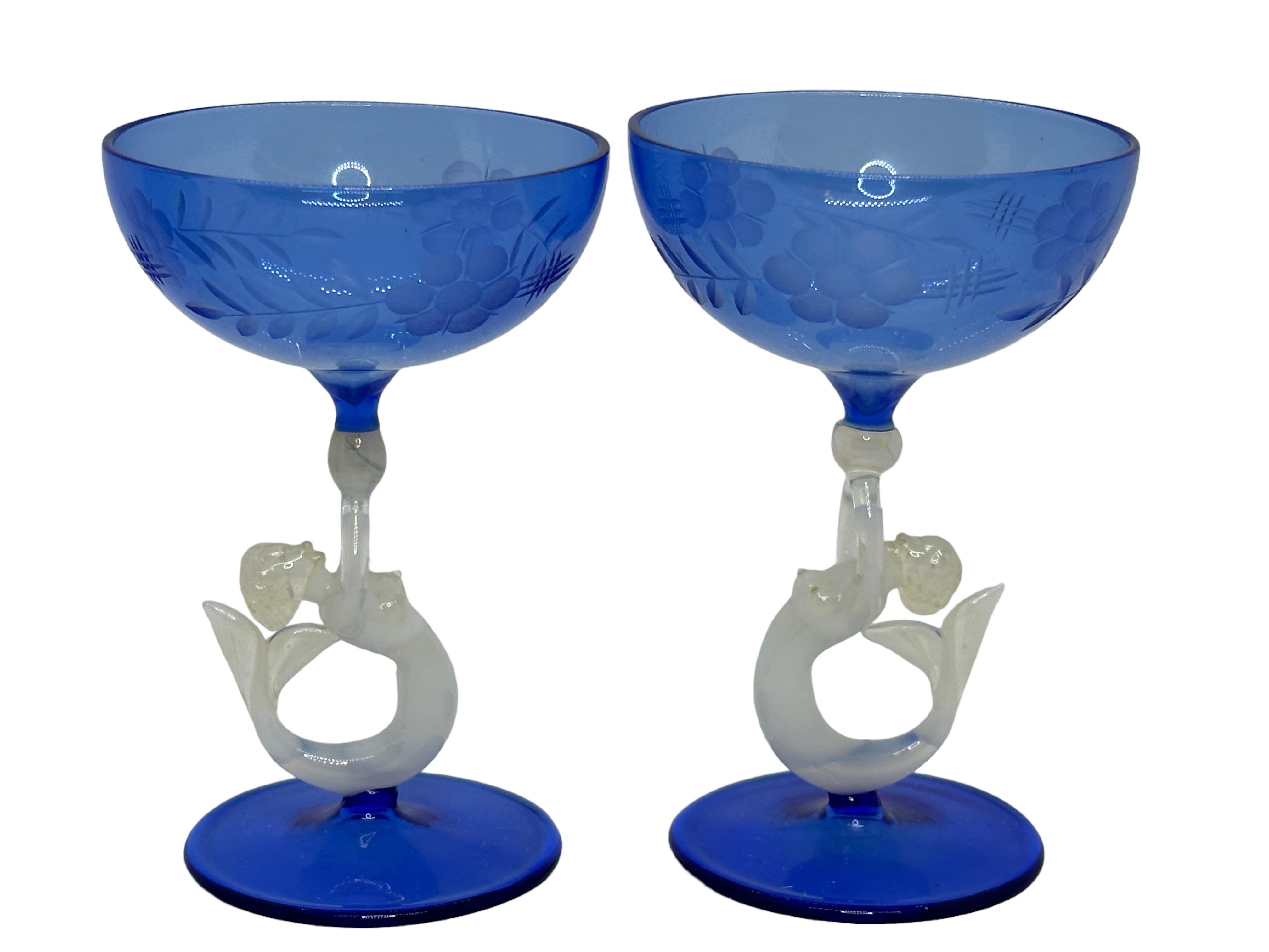 Blown Glass Art Deco Blue Glass Mermaid Decanter & 6 Glasses Set by Bimini, Vintage Austria