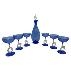 Art Deco Blue Glass Mermaid Decanter & 6 Glasses Set by Bimini, Vintage Austria