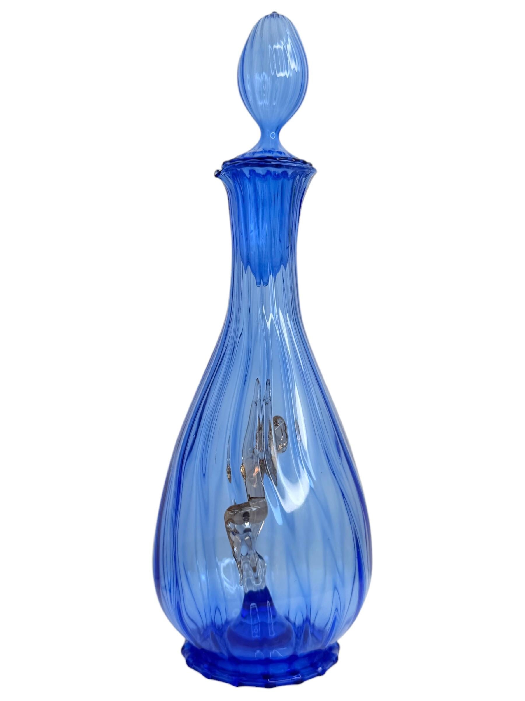 Art Deco Blue Glass Nude Girl Decanter & 6 Glasses Set Bimini, Vintage Austria 5