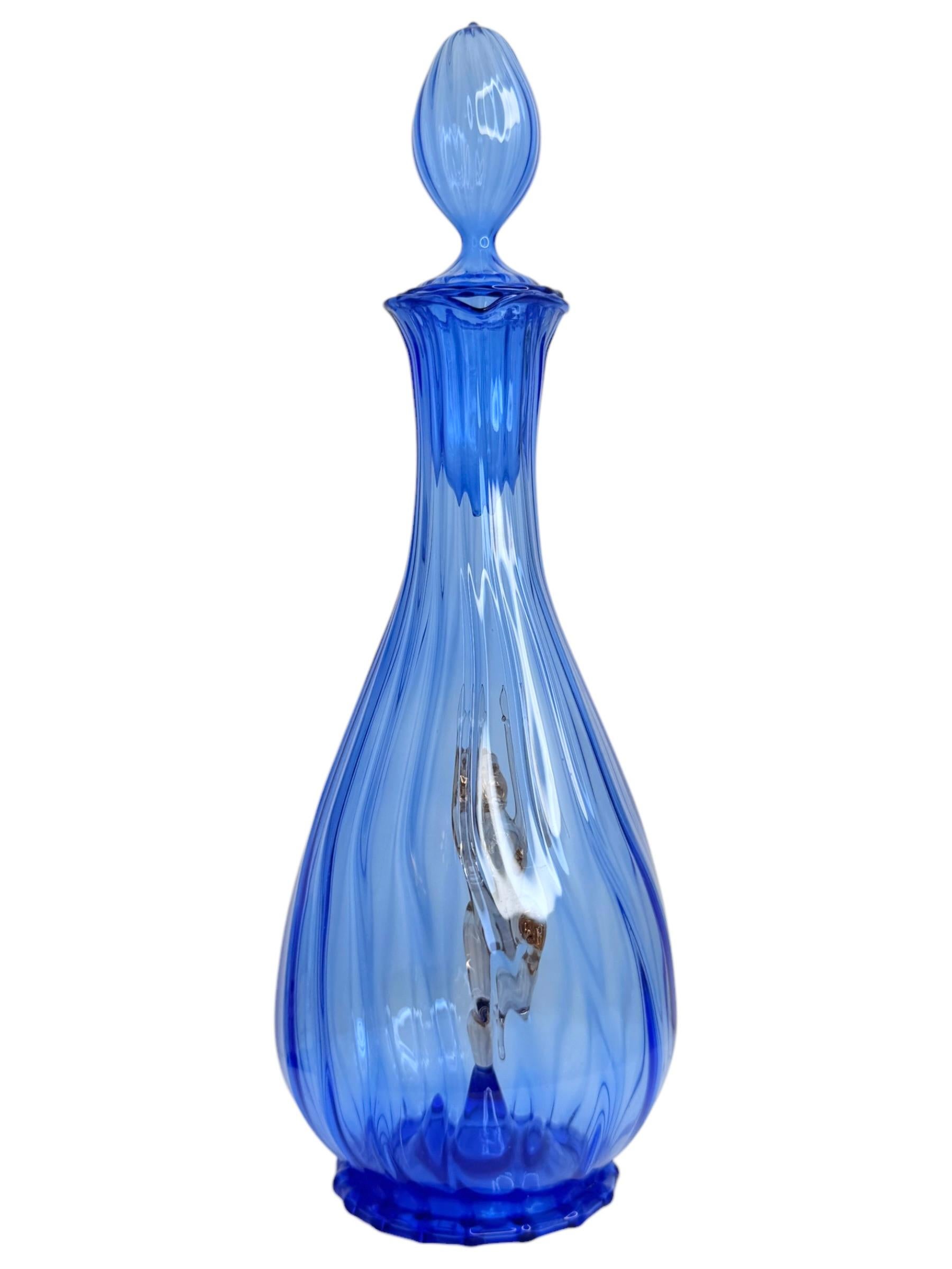 Art Deco Blue Glass Nude Girl Decanter & 6 Glasses Set Bimini, Vintage Austria 6
